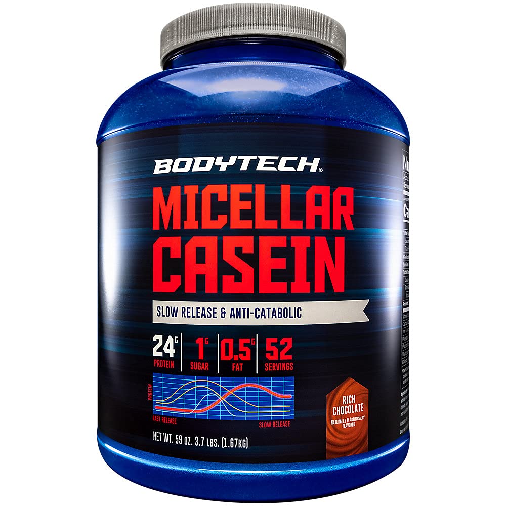 BodyTech Micellar Casein Protein Powder for Overnight Muscle Recovery - Slow Release Protein with 24g per Serving - Rich Chocolate Flavor (4lb) - Ideal for Post-Workout Recovery & Nighttime Muscle Growth
