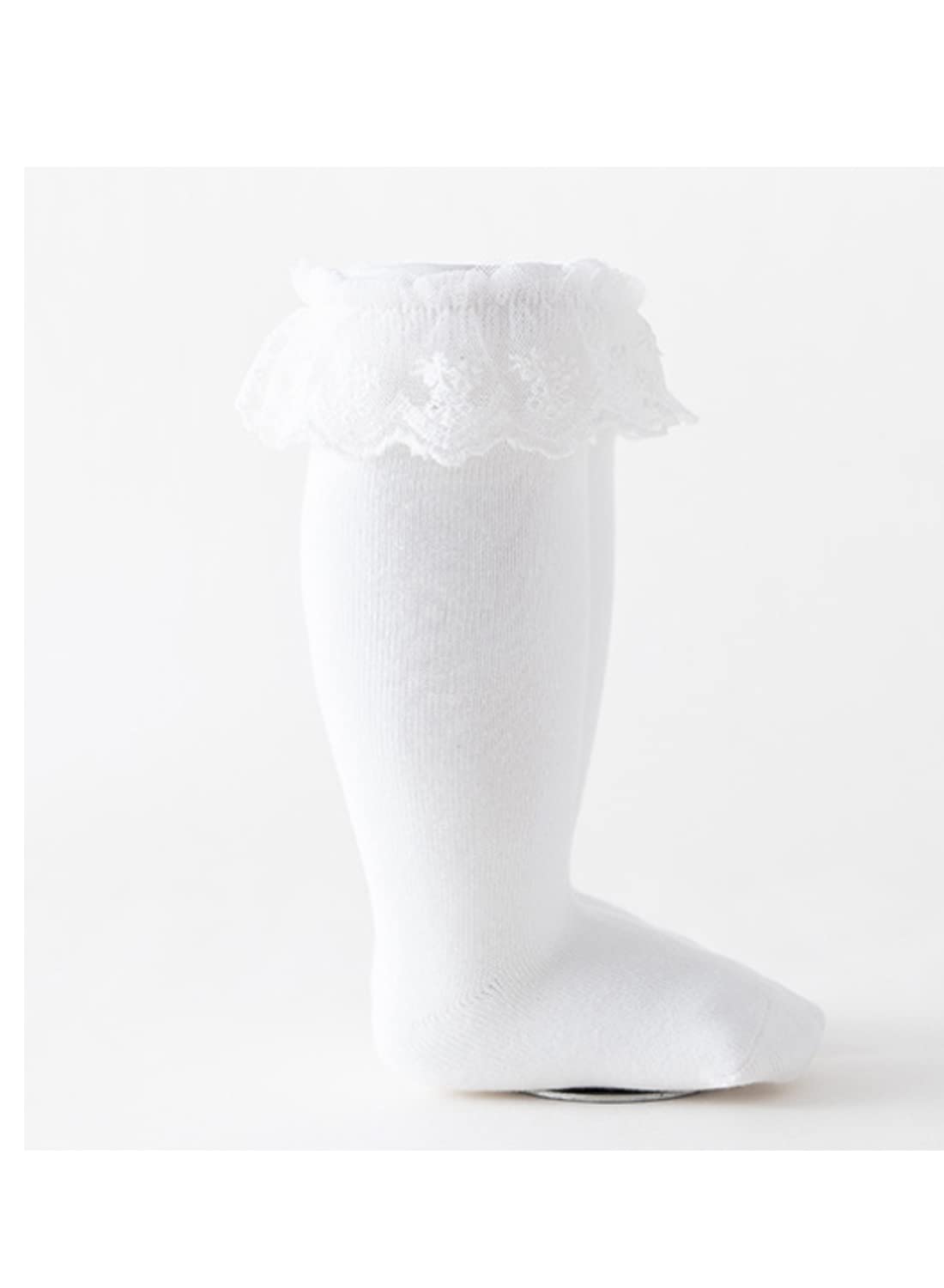 Deeorla Baby Toddler Girl Cotton Knee High Socks - Princess Lace Ruffled Stockings for Infants - Long Frilly Dress Socks for Parties & Special Occasions