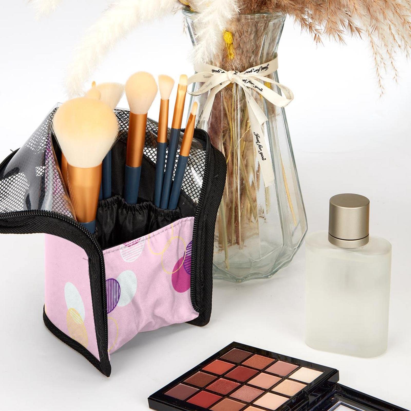 12-Piece Pink Dotted Makeup Brush Organizer Bag – Portable Travel Cosmetic Brush Holder Case for Makeup Artists & Beauty Enthusiasts – Perfect for Home, Travel, and Professional Makeup Kits