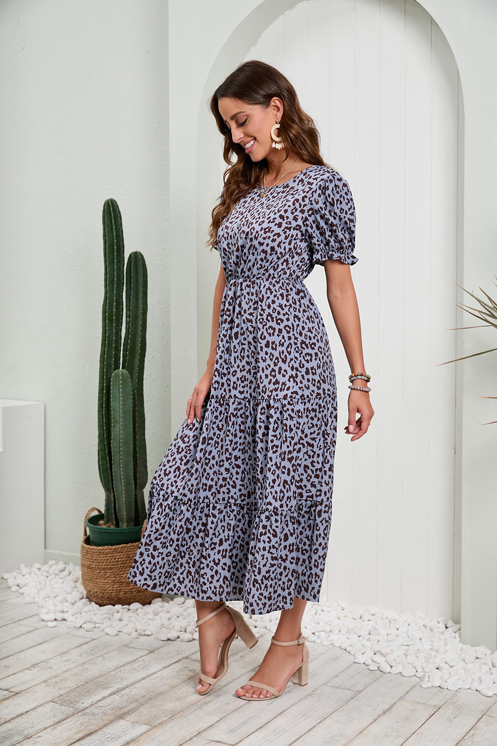 GRECERELLE Women's Boho Floral Midi Dress - Loose Fit Crewneck Ruffle Puff Sleeve High Waist Summer Dress for Casual Wear, Beach Vacation & Date Night Outfits