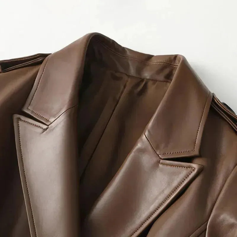 Genuine Leather Women's Trench Overcoat - Waterproof Winter Long Coat with Belt, Classic Elegant Outerwear for Office, Dating & Formal Occasions