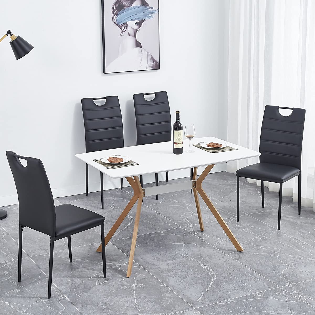 Lazyspace Modern Leather Dining Chairs Set of 4 with Cushion & High Back - Painted Metal Legs for Dining Room, Kitchen, Conference & Living Room - Black - Perfect for Home, Office & Restaurant Use
