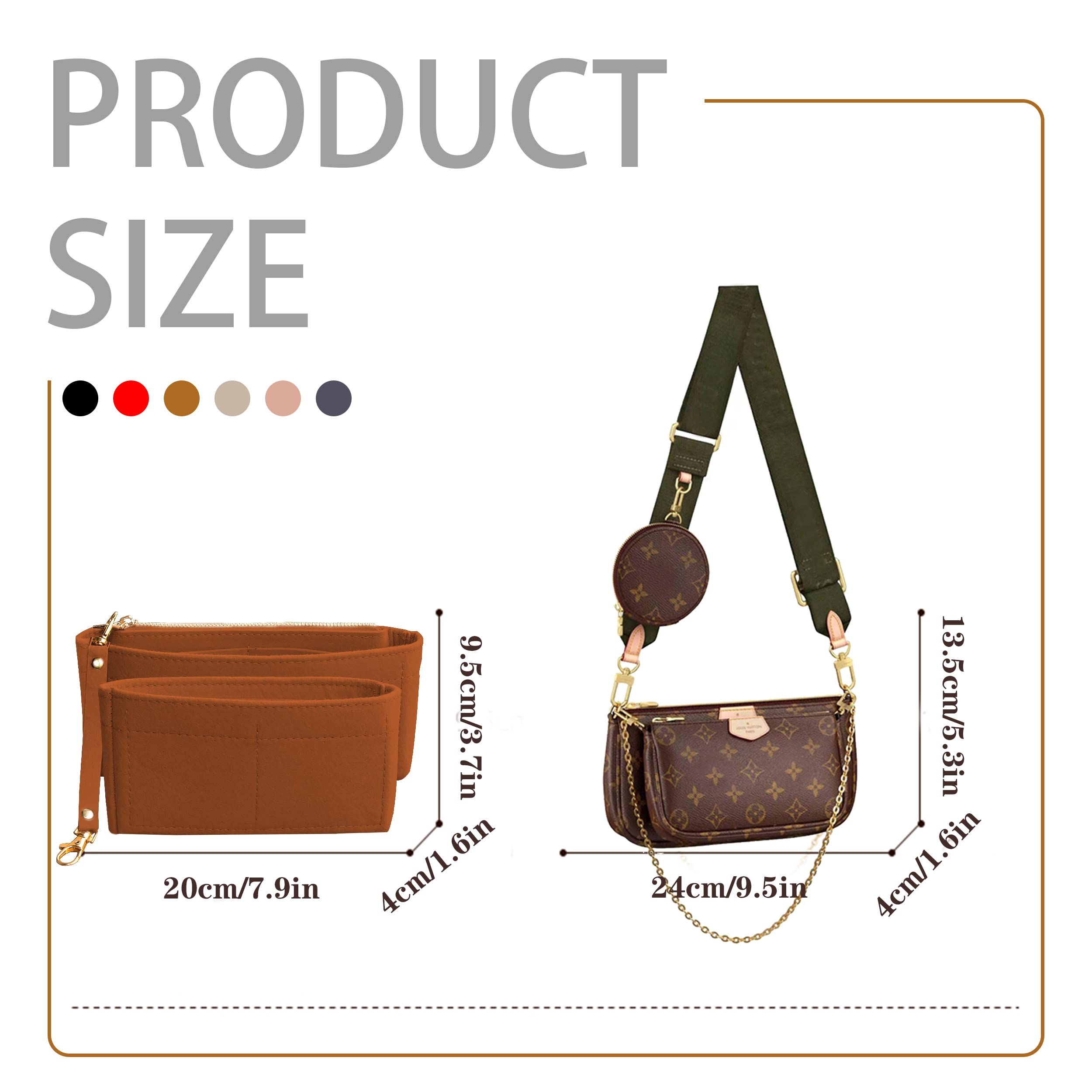 Soyizom Handbag Organizer Insert - 2 Pack Tote Bag Organizer with Zipper Pocket & Keychain - Perfect Fit for Multi Pochette Accessories Bag Series (Brown) | Keep Your Purse Neat & Organized for Work, Travel & Daily Use