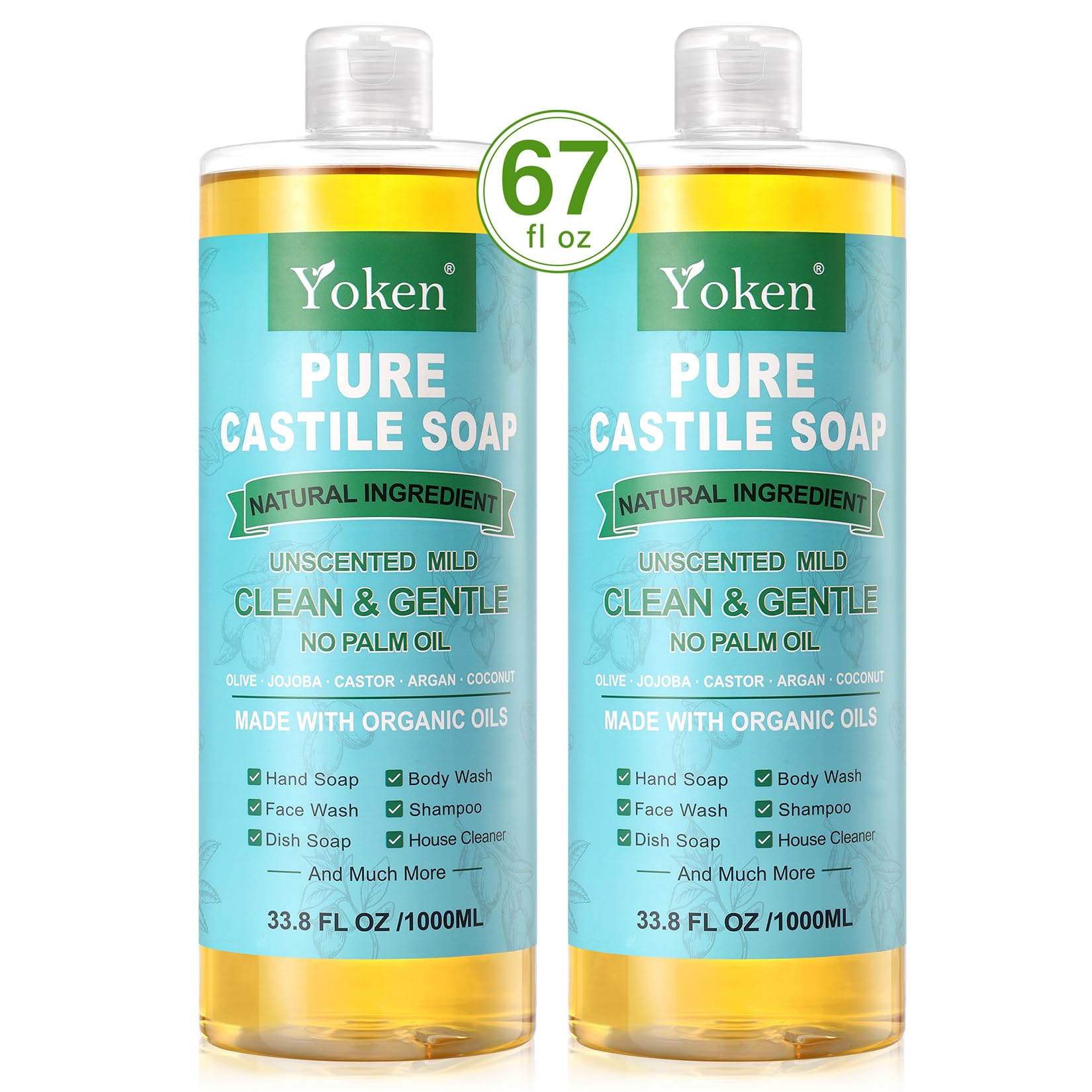 Organic Unscented Pure Castile Liquid Soap 67 fl oz - Vegan, Palm Oil Free, Gentle Multi-Purpose Soap for Face, Body, Hand Wash & Dishes | Perfect for Sensitive Skin, Baby Care & Eco-Friendly Cleaning