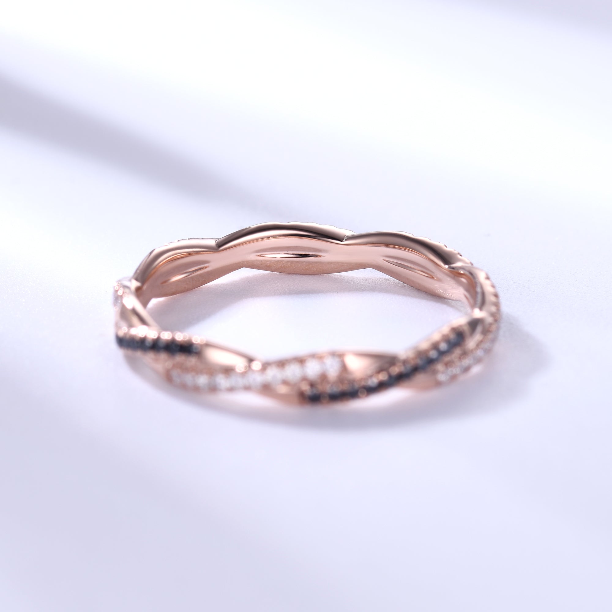 Twisted Black Diamond Wedding Band Ring for Women - 14K Rose Gold Infinity Full Eternity Ring - Perfect for Anniversary, Engagement & Romantic Gifts