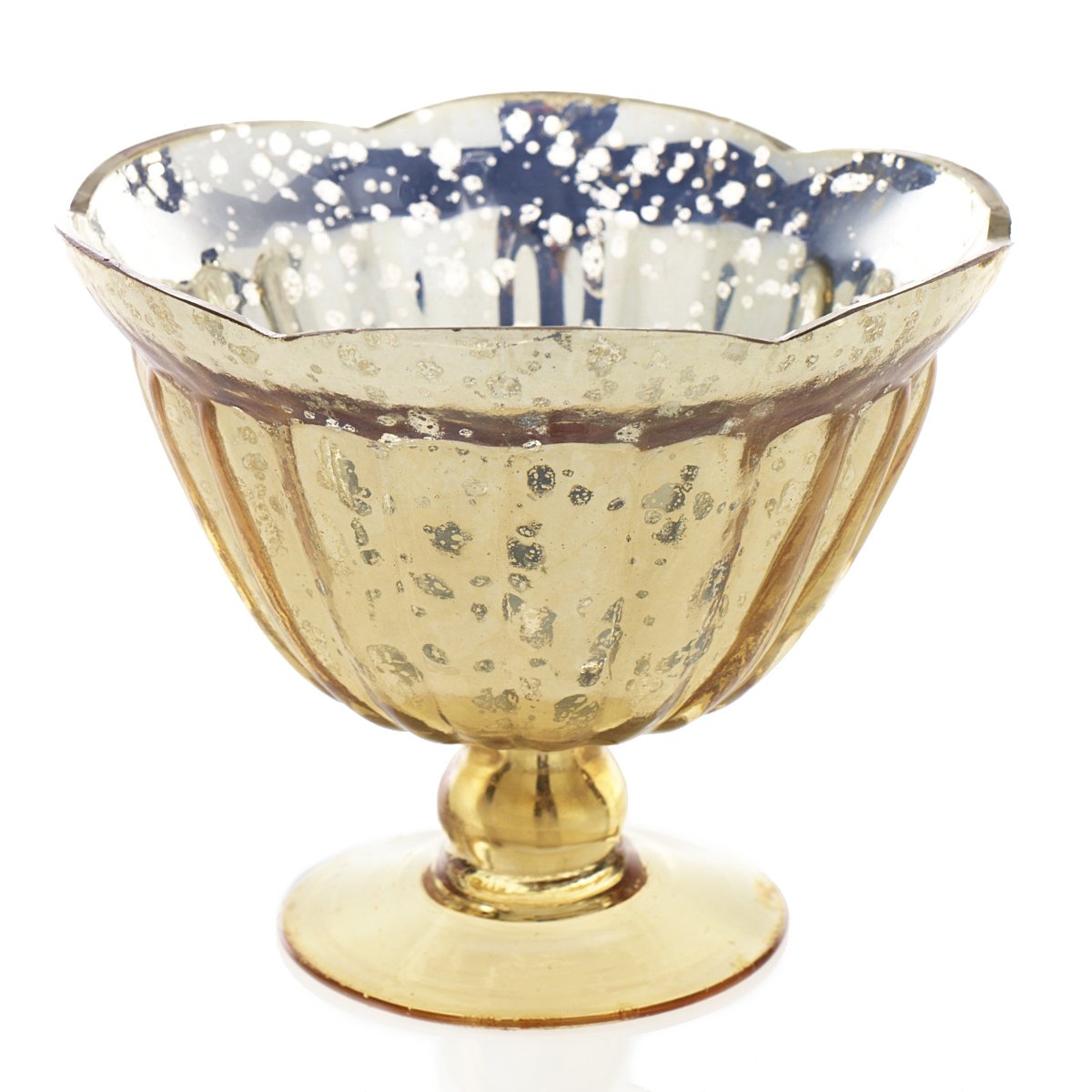 5.5 Inch Gold Mercury Glass Compote Bowl with Scalloped Edge & Pedestal Base - Elegant Centerpiece for Dining Table Decor, Wedding Reception, or Holiday Display