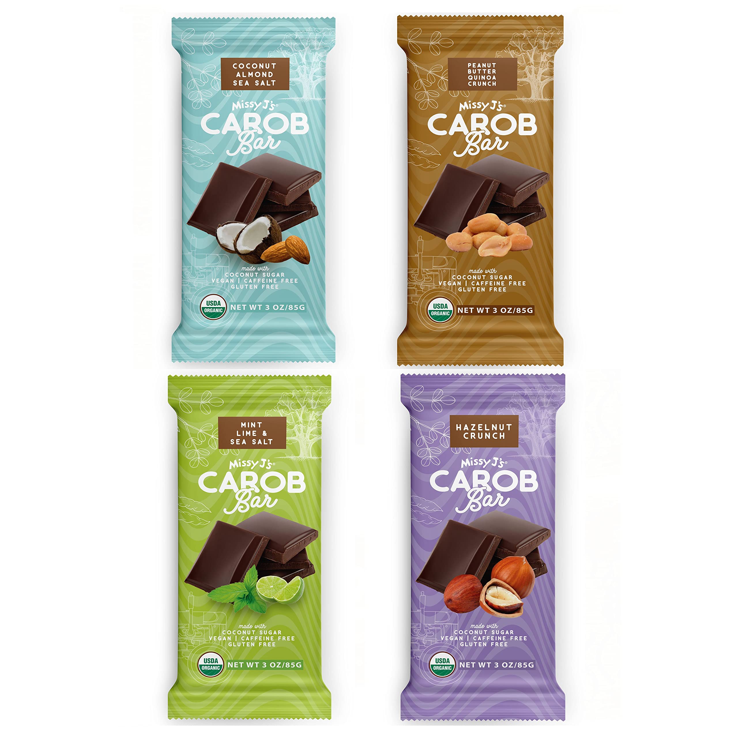 Organic Carob Bars 4-Pack - Vegan, Gluten-Free, Healthy Chocolate Substitute for Snacks & Desserts
