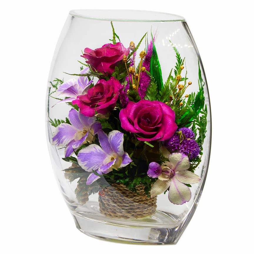 Luxury Preserved Orchid Arrangement in Glass Vase - Long Lasting Silk Flowers for Anniversary, Wedding, Corporate Gifts - Perfect for Home Decor, Office Centerpiece & Special Occasions