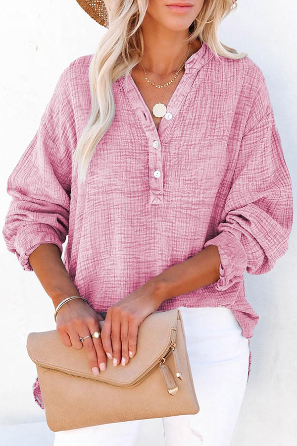 Elegant Solid Color Long Sleeve Pleated Button Loose Blouse for Women | Casual Office Wear & Spring Outfits