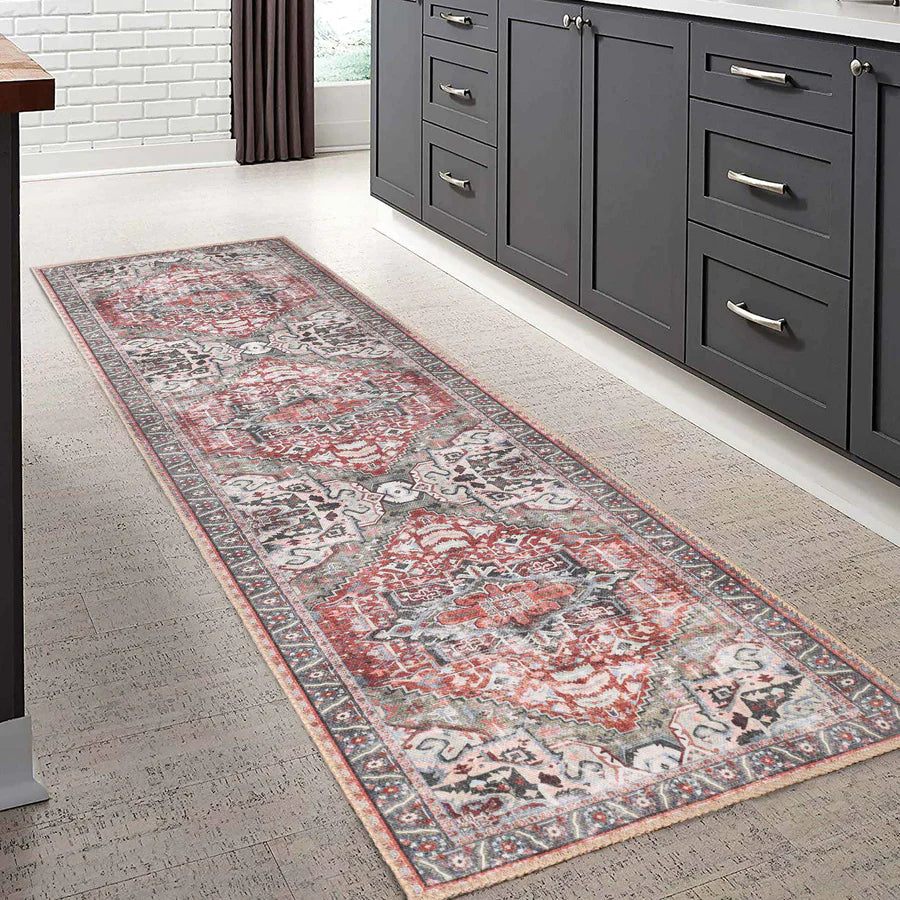 Handmade Rustic Medallion Border Area Rug - Non-Slip Indoor Runner for Living Room, Bedroom & Hallway - Boho Chic Home Decor