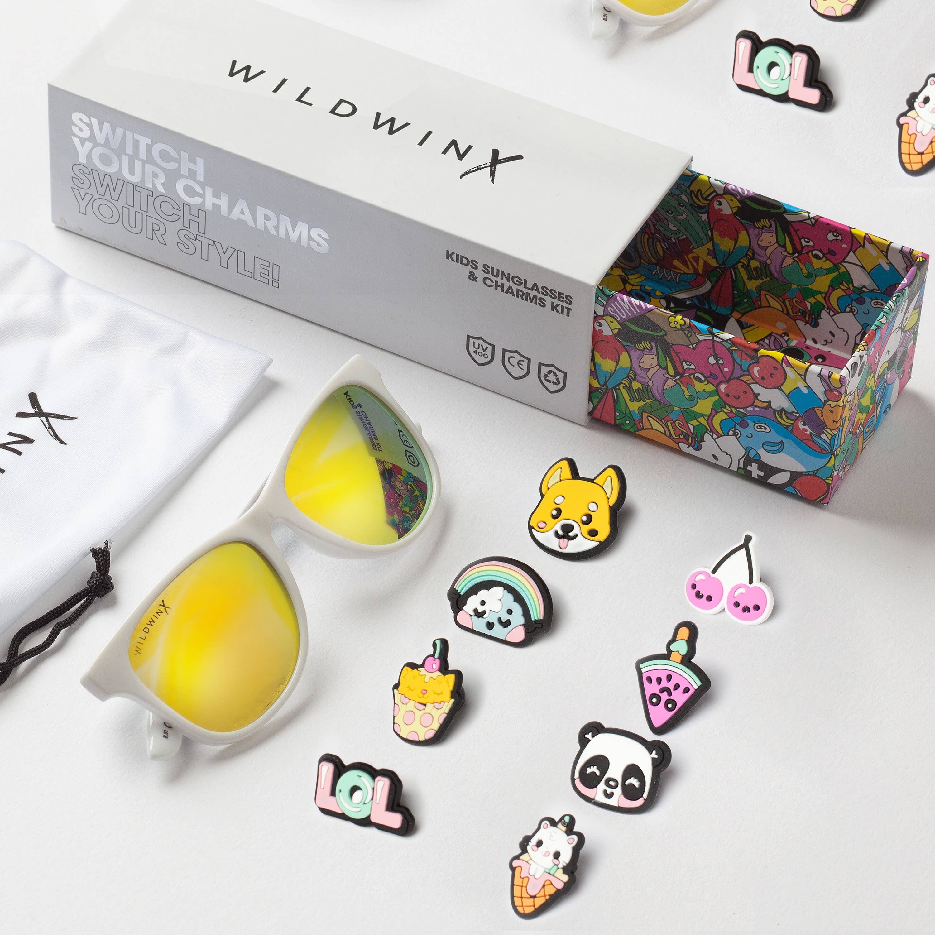 Kids' White Sunglasses & Charm Kit - Kawaii Style for Girls & Boys - Perfect for Summer, Beach, and Outdoor Play