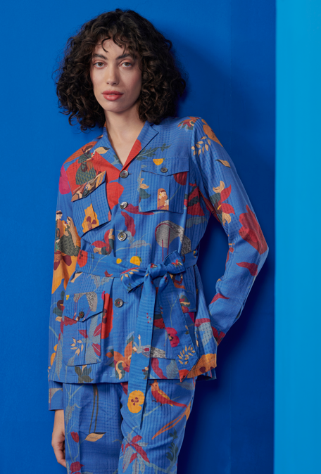Shikari Jacket - Premium Cotton Silk Blend Checkered Coat in Cobalt Blue | Stylish Outdoor & Casual Wear for Men & Women