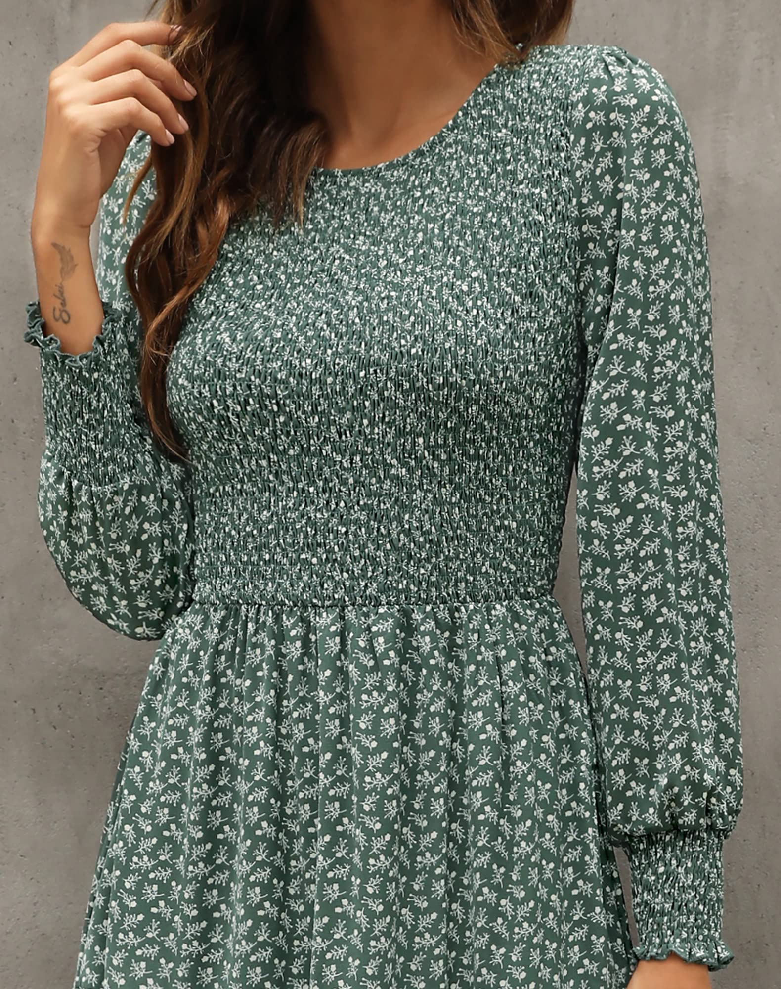 Zattcas Women's Fall Dresses 2025 - Casual Long Sleeve Smocked Boho Floral Tiered Midi Dress with Pockets for Wedding Guest, Party, Holiday & Everyday Wear