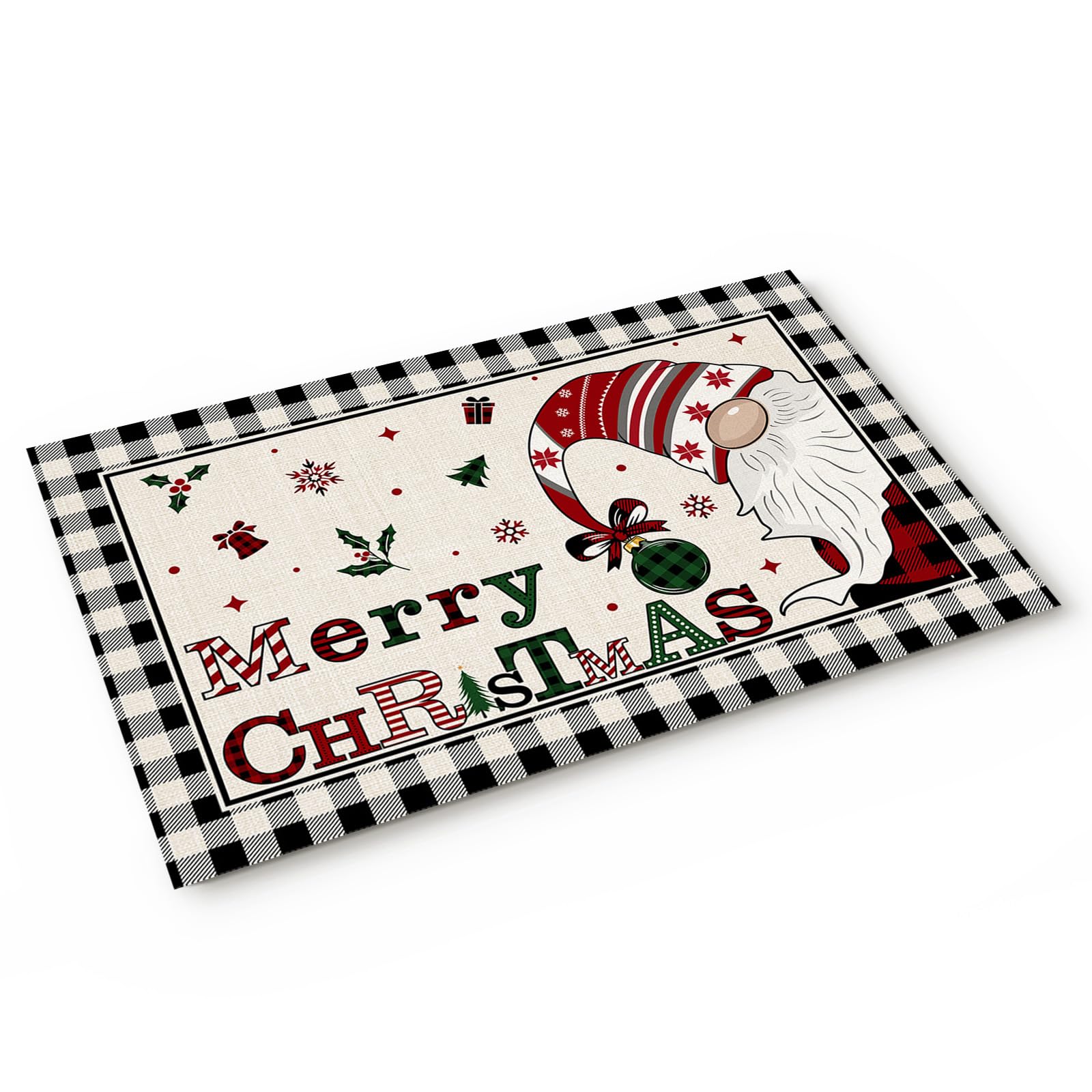 Vintage Christmas Gnome Elf Buffalo Check Plaid Doormat - Non-Slip Indoor Front Door Welcome Mat for Holiday Decor (20