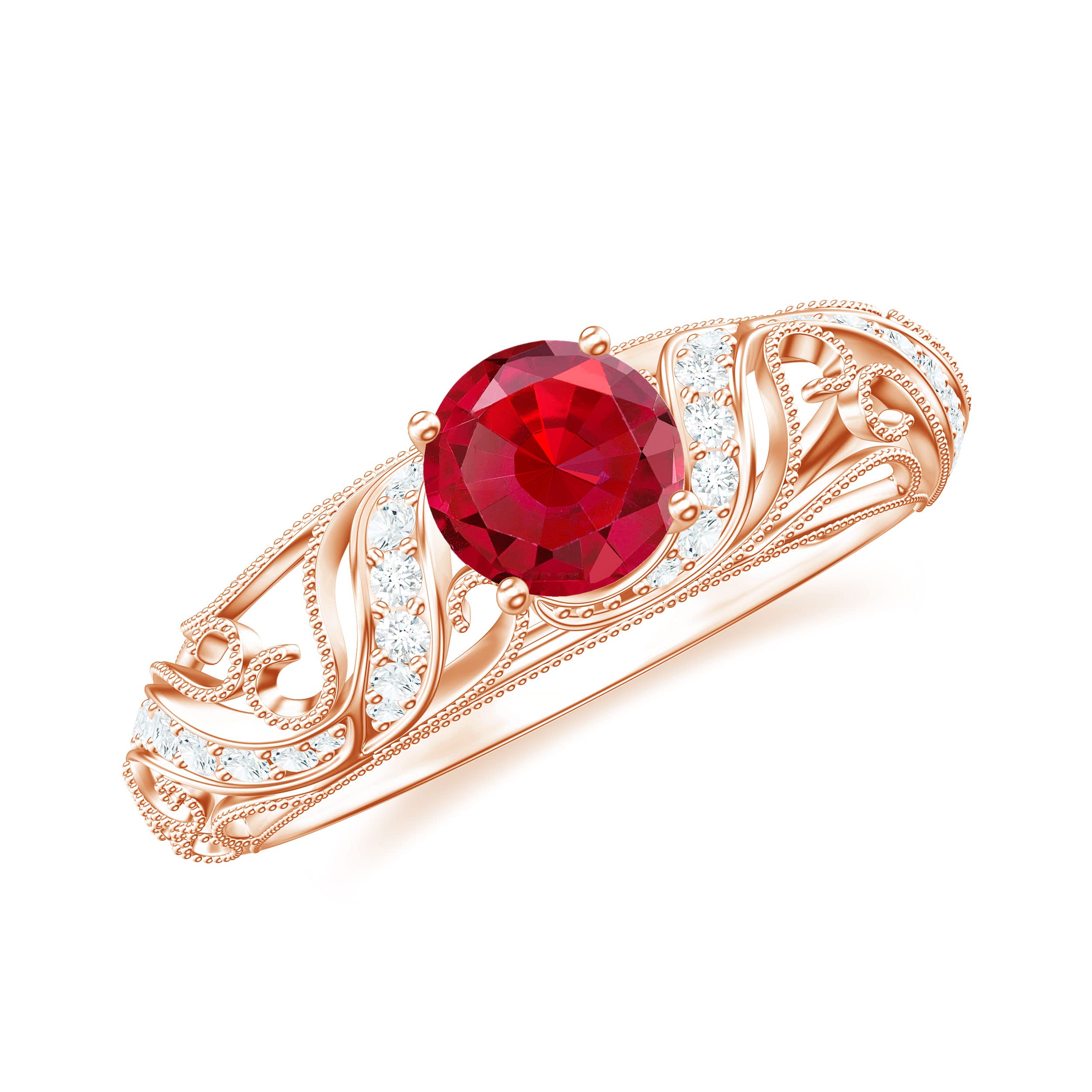 Lab Created Ruby Ring for Women - Vintage Moissanite Accent 14K Solid Gold Beaded Round Ring | Elegant Gift for Anniversary, Engagement & Special Occasions