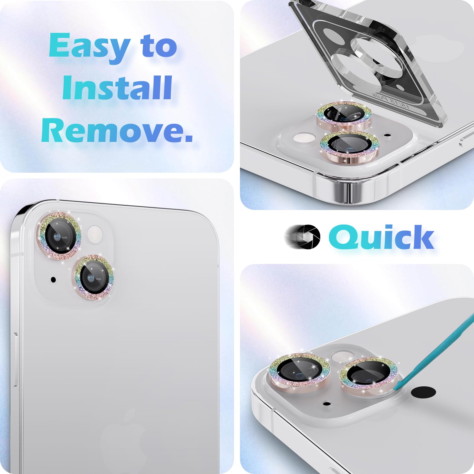 iMLuckies iPhone 15 & iPhone 15 Plus Camera Lens Protector - HD Clear Aluminum Alloy Ring with 9H Tempered Glass, Glitter Colorful Back Screen Protector | Perfect for Photography Enthusiasts & Fashion Lovers