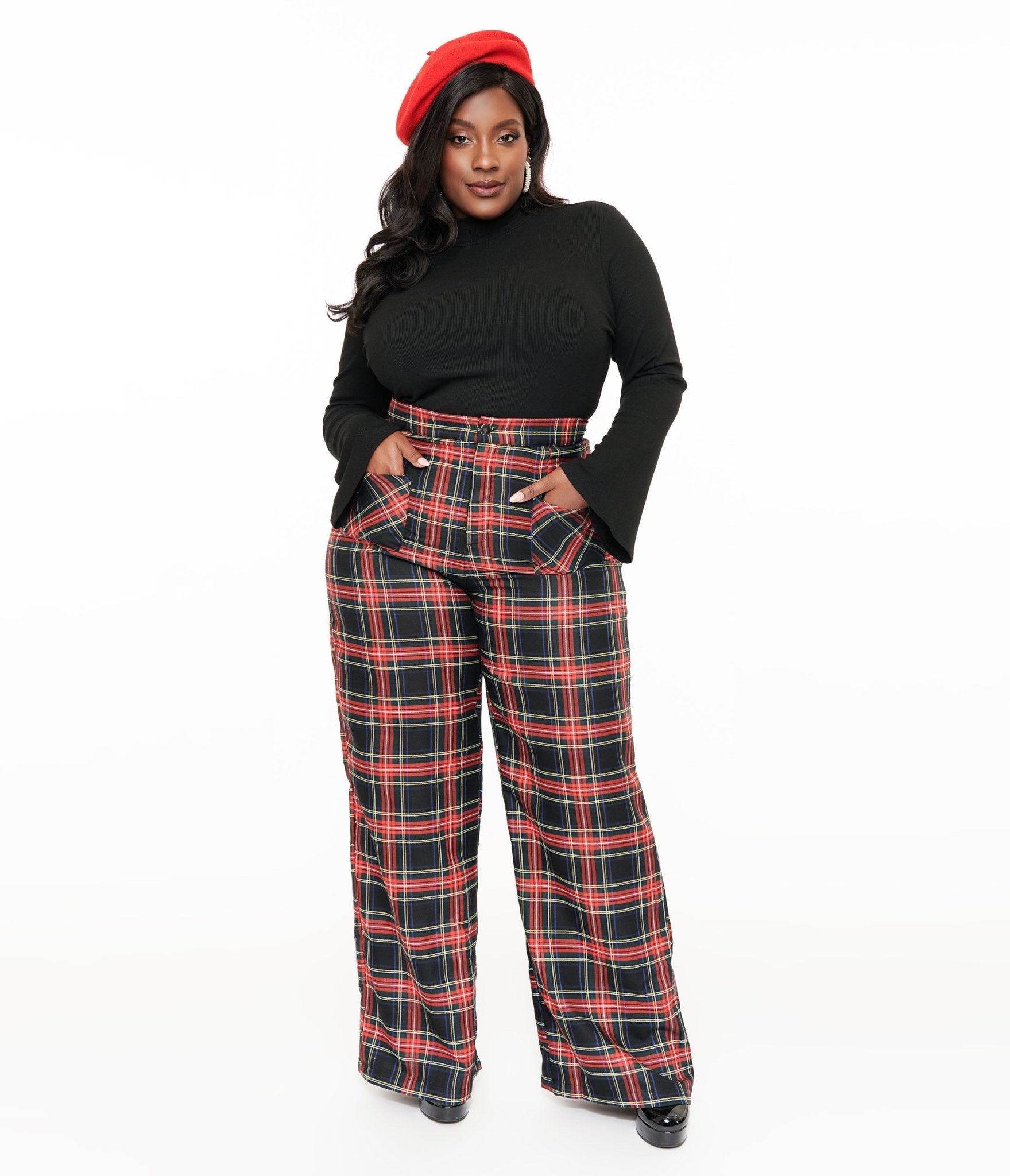 Smak Parlour Plus Size 1960s Vintage Black & Red Plaid Wide Leg Trousers for Women - Retro High Waist Pants for Casual Wear, Office & Special Occasions