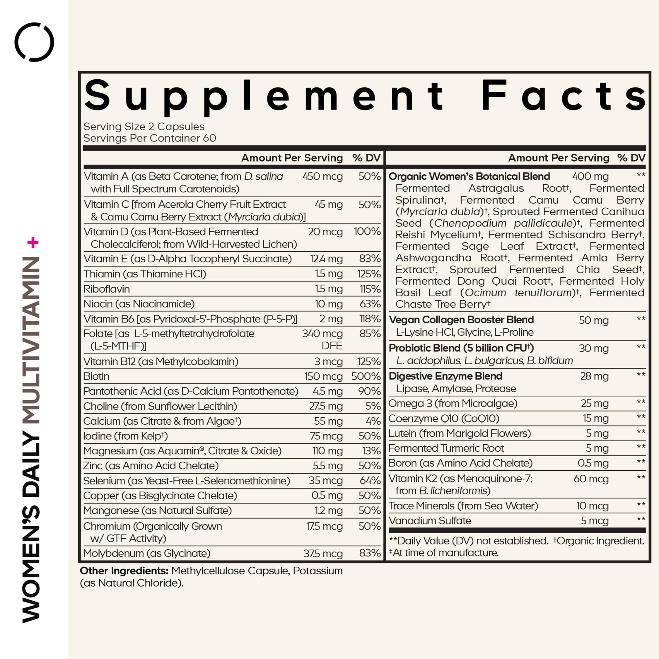 Codeage Women’s Daily Multivitamin - 25+ Fermented Organic Vitamins & Minerals with Probiotics (A, B, C, D, E, K, Omega 3, Zinc) - Vegan Supplement - 120 Capsules - Supports Energy, Immunity & Overall Wellness for Active Women