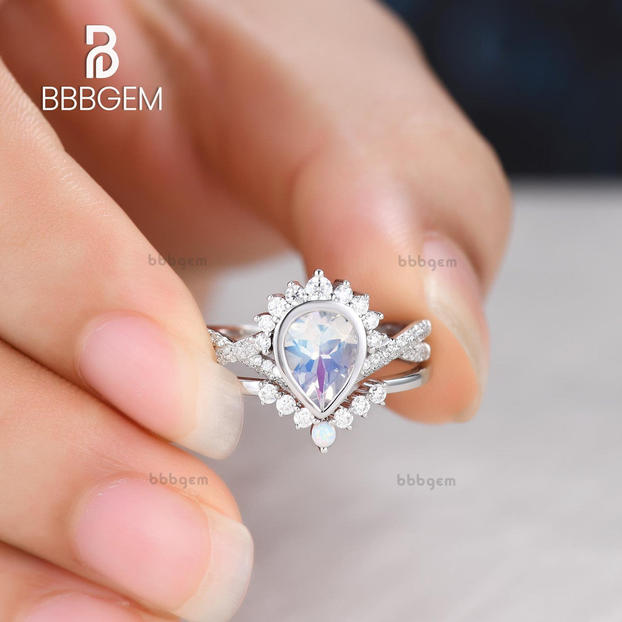 Vintage Moonstone Engagement Ring Set - Pear Shaped Stone with Twisted Band for Wedding, Proposal & Anniversary Gifts | Handmade Silver Jewelry for Brides & Couples