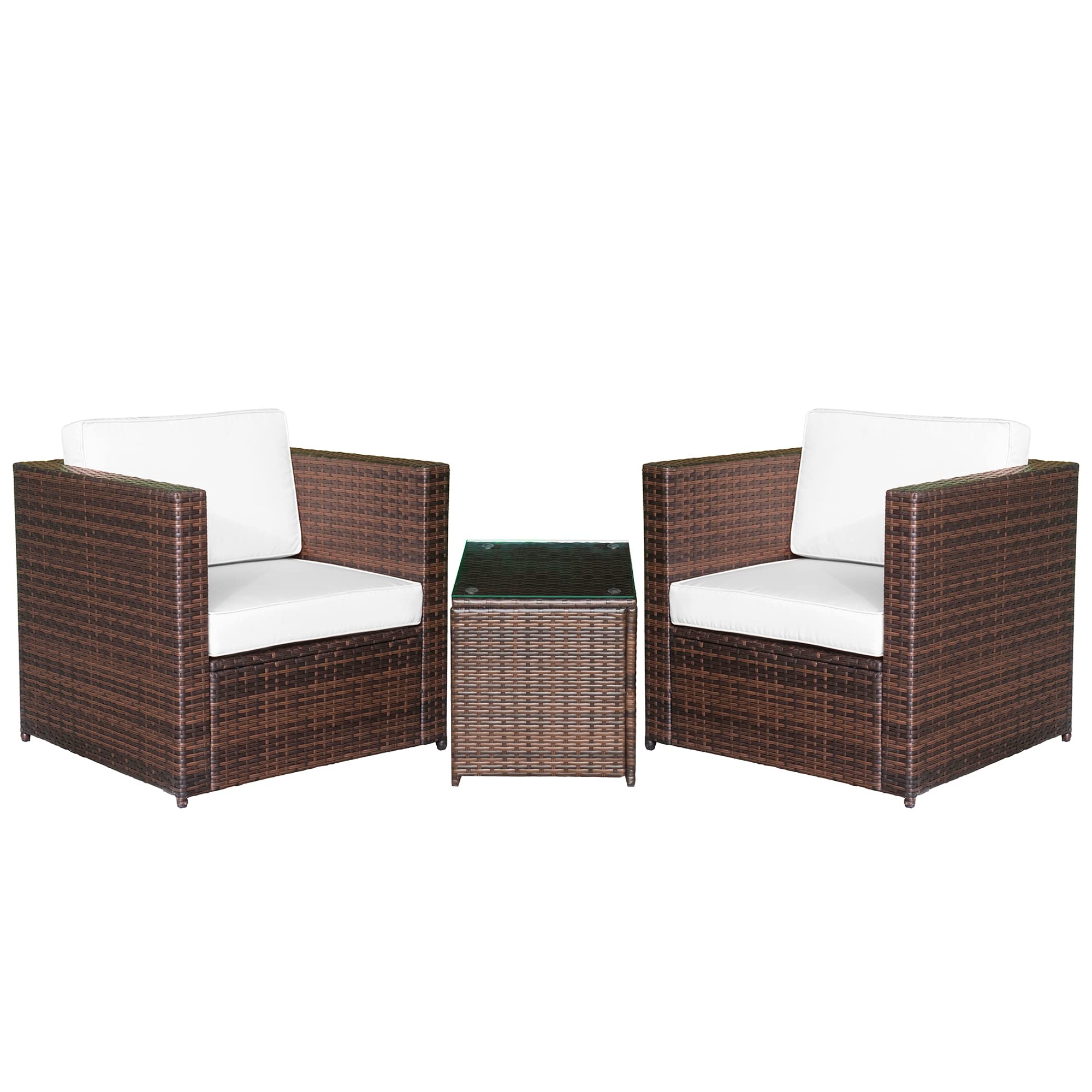 Outsunny 3-Piece White Wicker Outdoor Bistro Set with Glass Coffee Table & Thickened Cushions - Rattan Patio Furniture for Backyard, Balcony, Garden - Perfect for Relaxing, Entertaining & Outdoor Dining