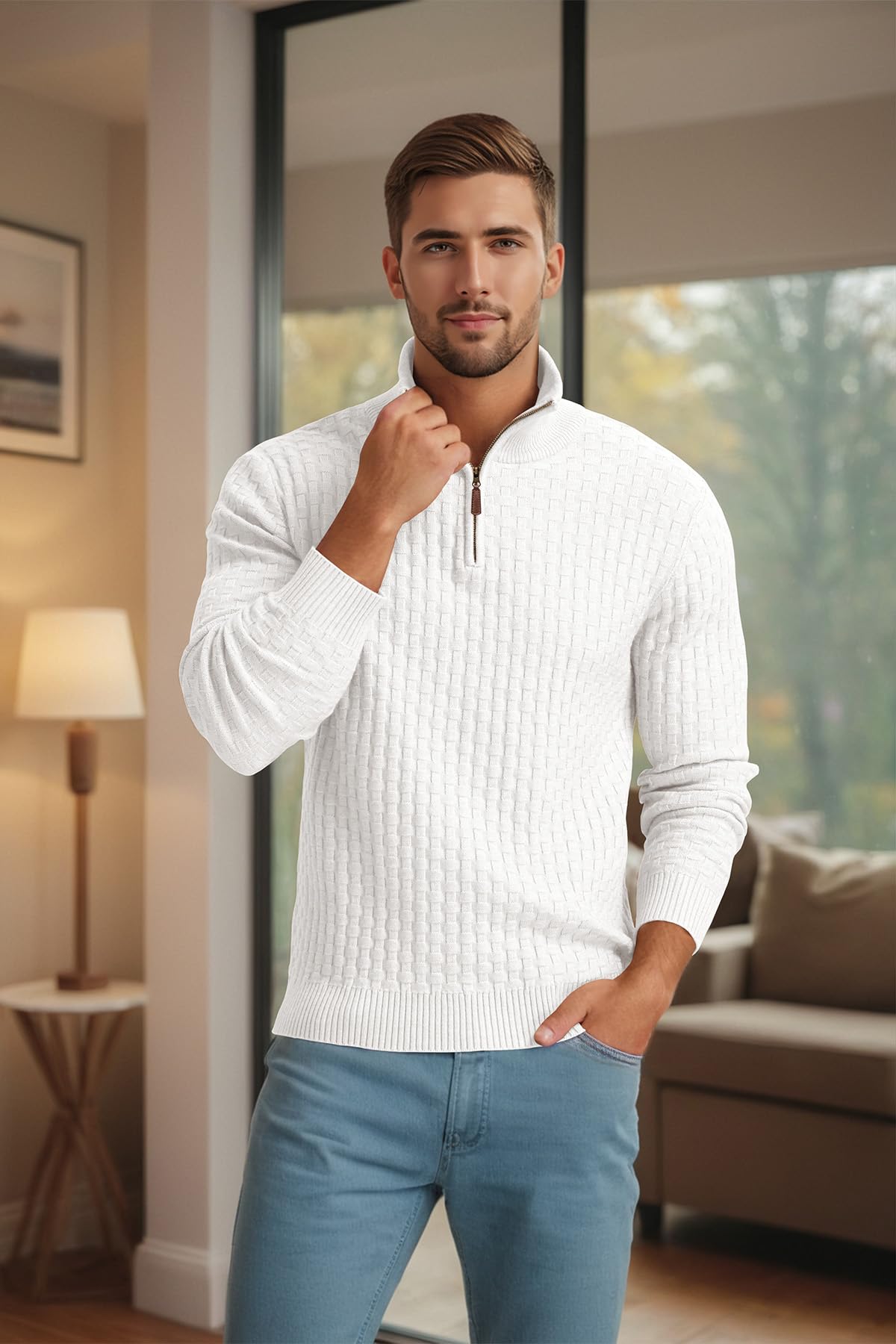 Askdeer Men's Quarter Zip Waffle Knit Sweater - Mock Neck Polo Pullover with Ribbed Edge - Casual Winter Wear for Office, Outdoor & Travel