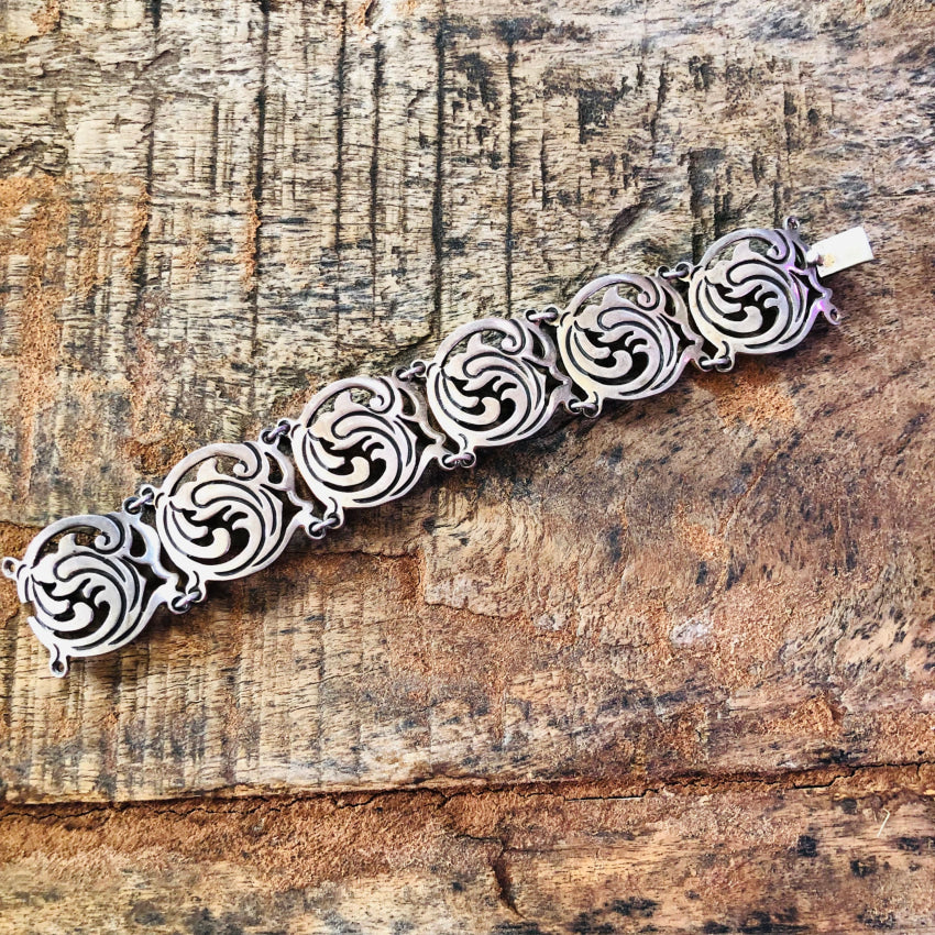 Vintage Mexican Sterling Silver Swirl Panel Bracelet - Handmade Boho Jewelry for Women - Perfect for Parties, Weddings & Everyday Wear