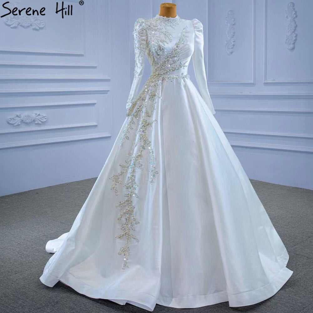Serene Hill Muslim White A-Line Wedding Dress 2025 | Beaded High-End Satin Bridal Gown HM67396 | Custom Made for Modest Brides | Perfect for Islamic Weddings & Formal Occasions