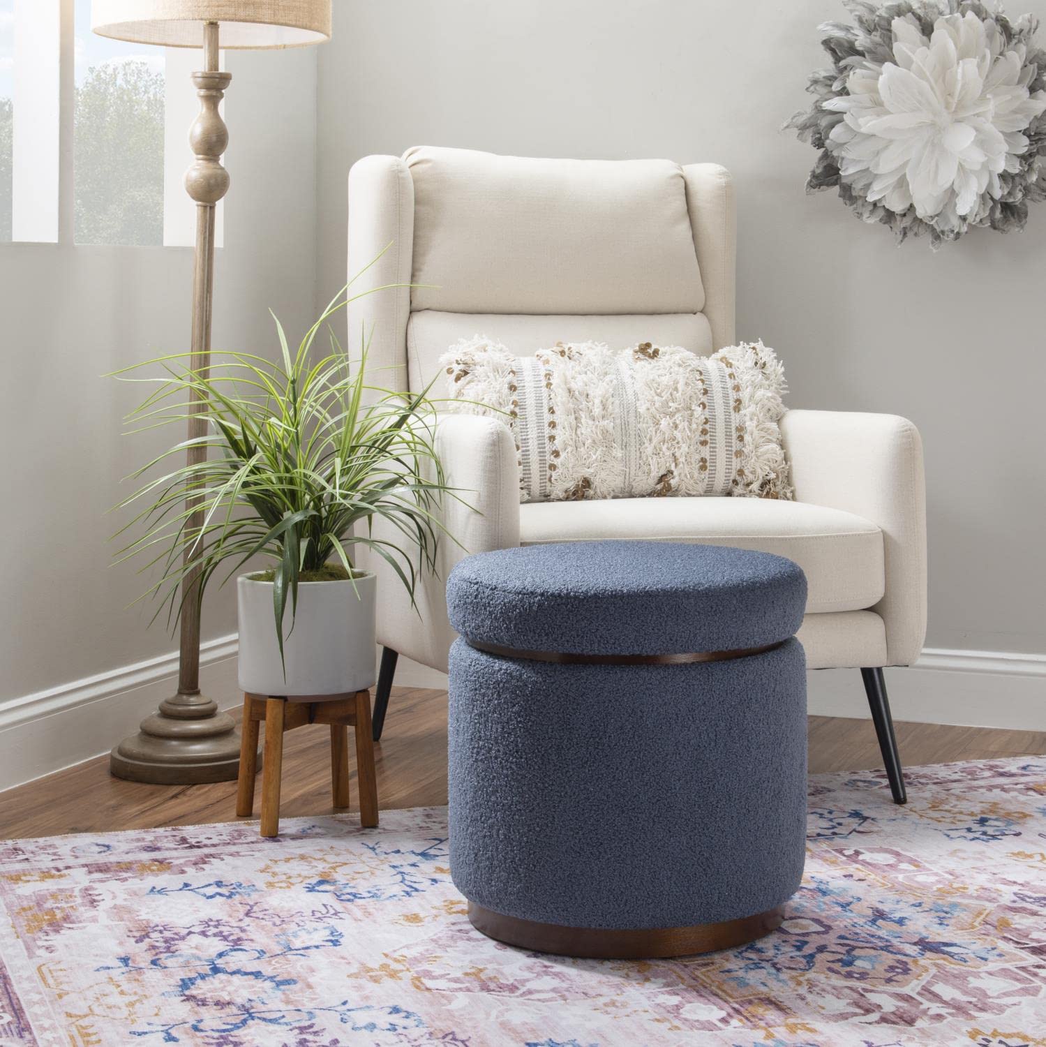 Linon Blanche Storage Ottoman - Blue Grey Walnut Finish, Upholstered Bench with Hidden Storage | Perfect for Living Room, Bedroom, or Entryway Organization