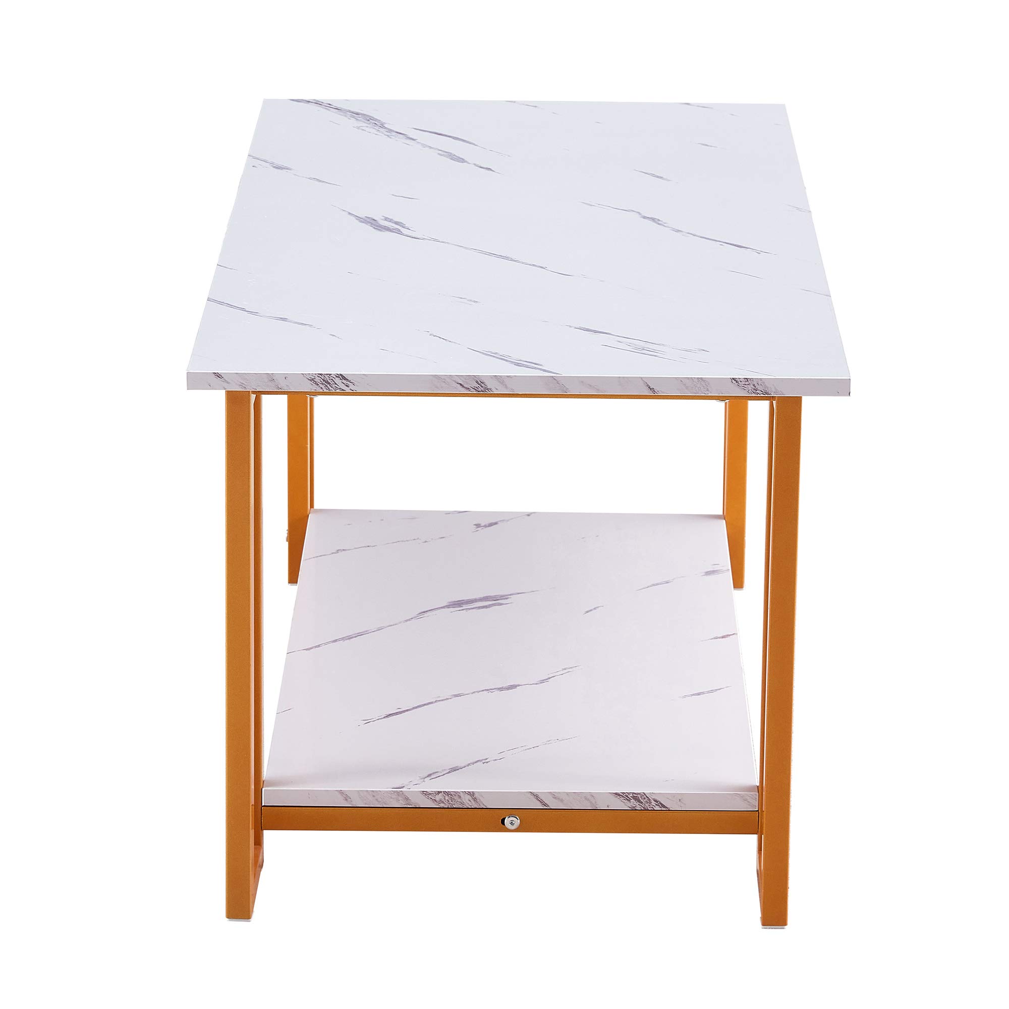 2-Tier Marble MDF Coffee Table with Black Metal Legs & White Top - Modern Rectangle Side Table for Living Room, Dining Area, Coffee Shop & Restaurant Decor (Gold Accent) | Perfect for Small Spaces, Lounge Areas & Contemporary Home Styling