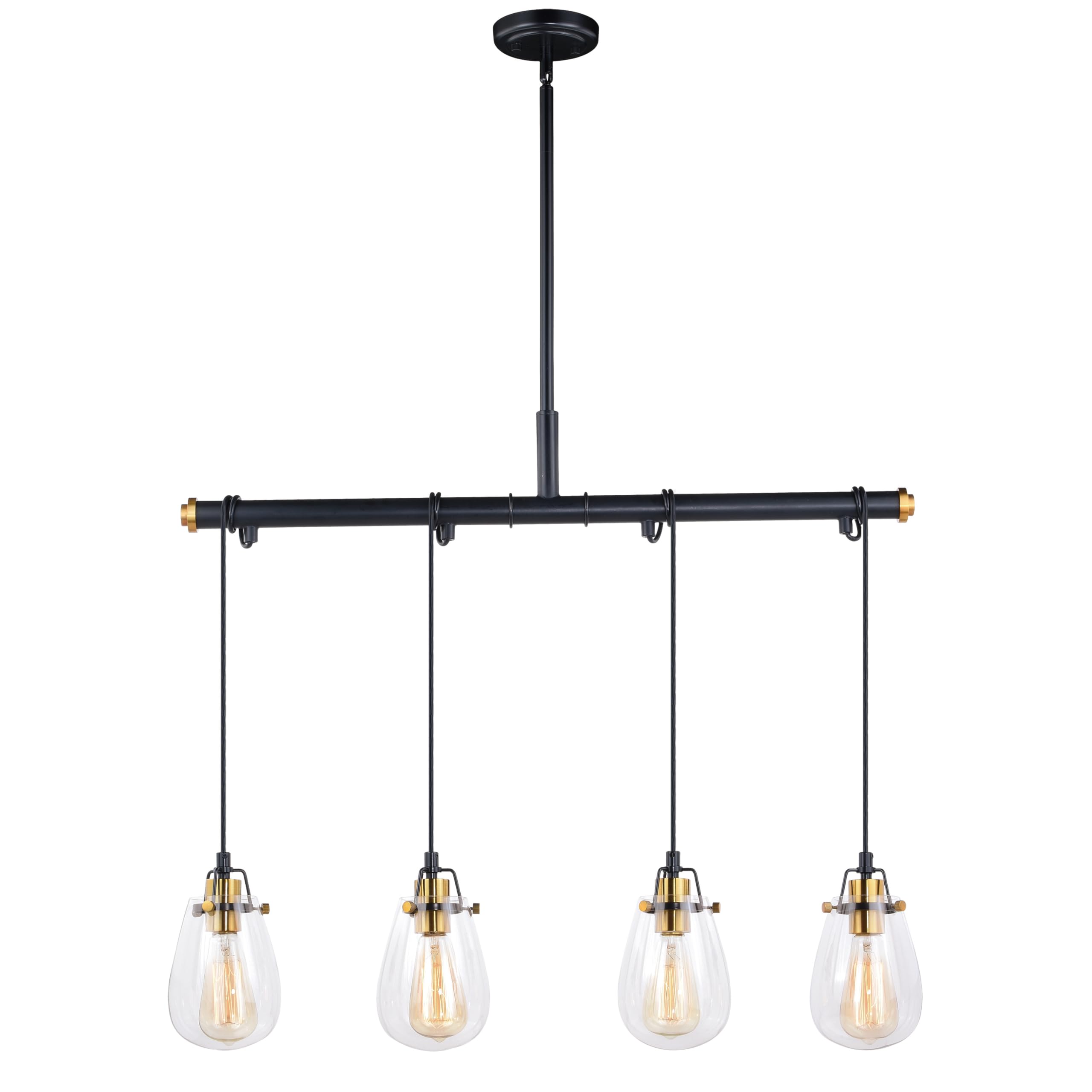 VAXCEL Kassidy 4-Light Black Industrial Linear Teardrop Chandelier Island Pendant Light Fixture with Clear Glass Shades - Perfect for Kitchen Islands, Dining Rooms, and Modern Farmhouse Decor
