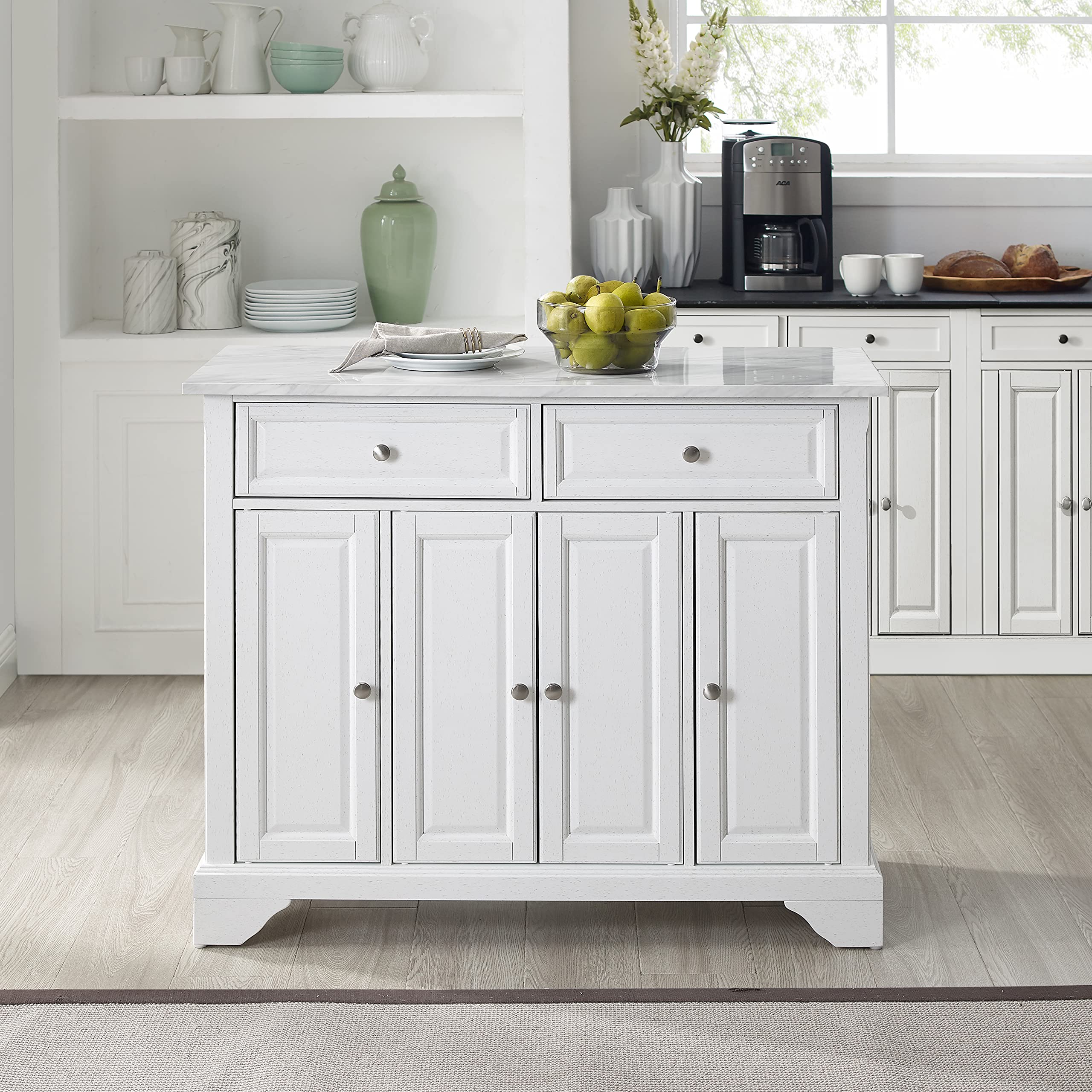 Crosley Avery Rolling Kitchen Island Cart with Shelves - White Distressed Finish | Microwave Stand, Coffee Bar Station & Storage Organizer | Perfect for Small Kitchens, Apartments & Breakfast Nooks