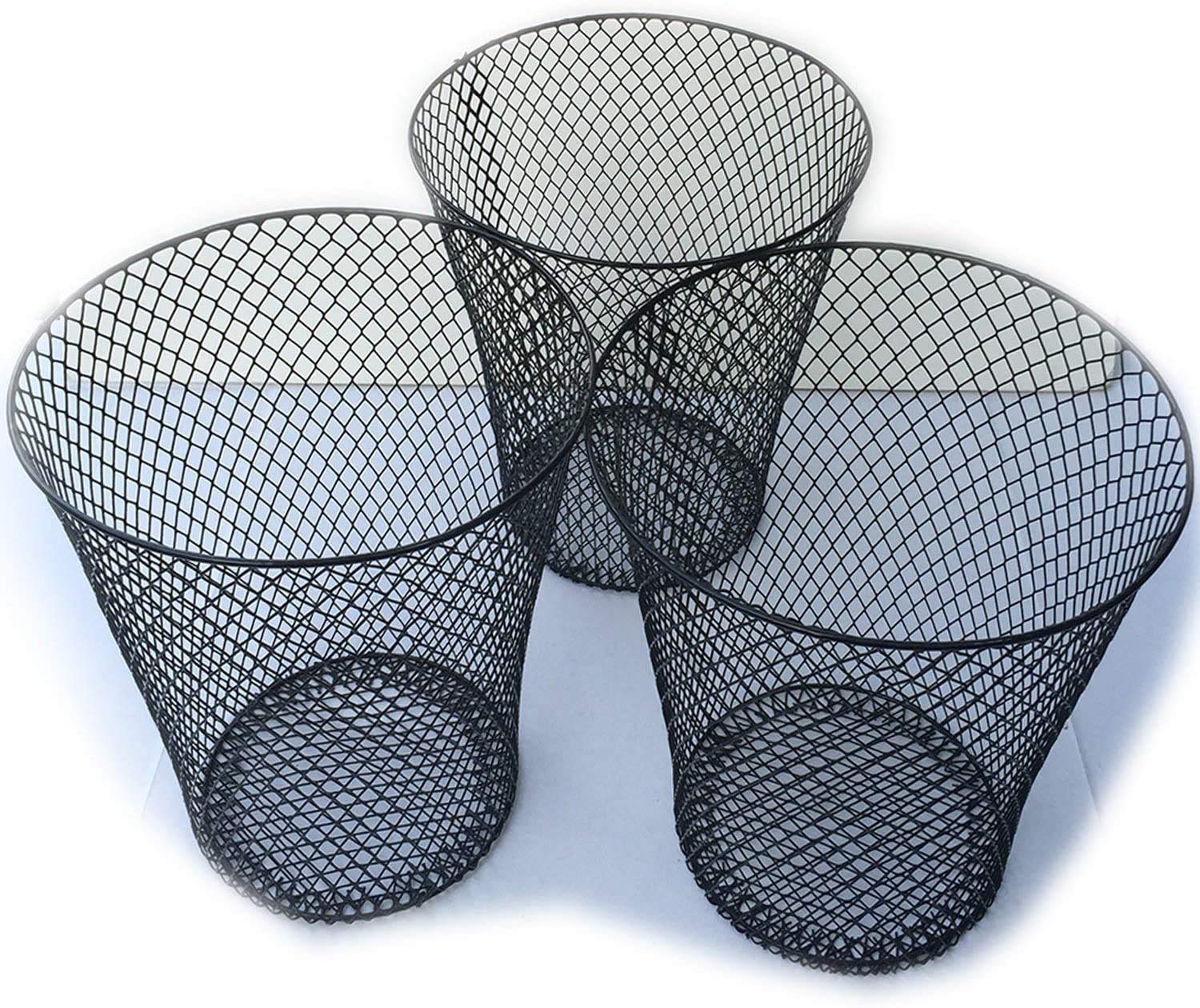 Wire Mesh Round Waste Basket - 3-Pack Black Open Top Trash Cans for Office, Home & Kitchen | Small Metal Mesh Garbage Bin for Recycling & Desk Use | Durable & Stylish Wastebasket for Bathroom, Bedroom & Workspace
