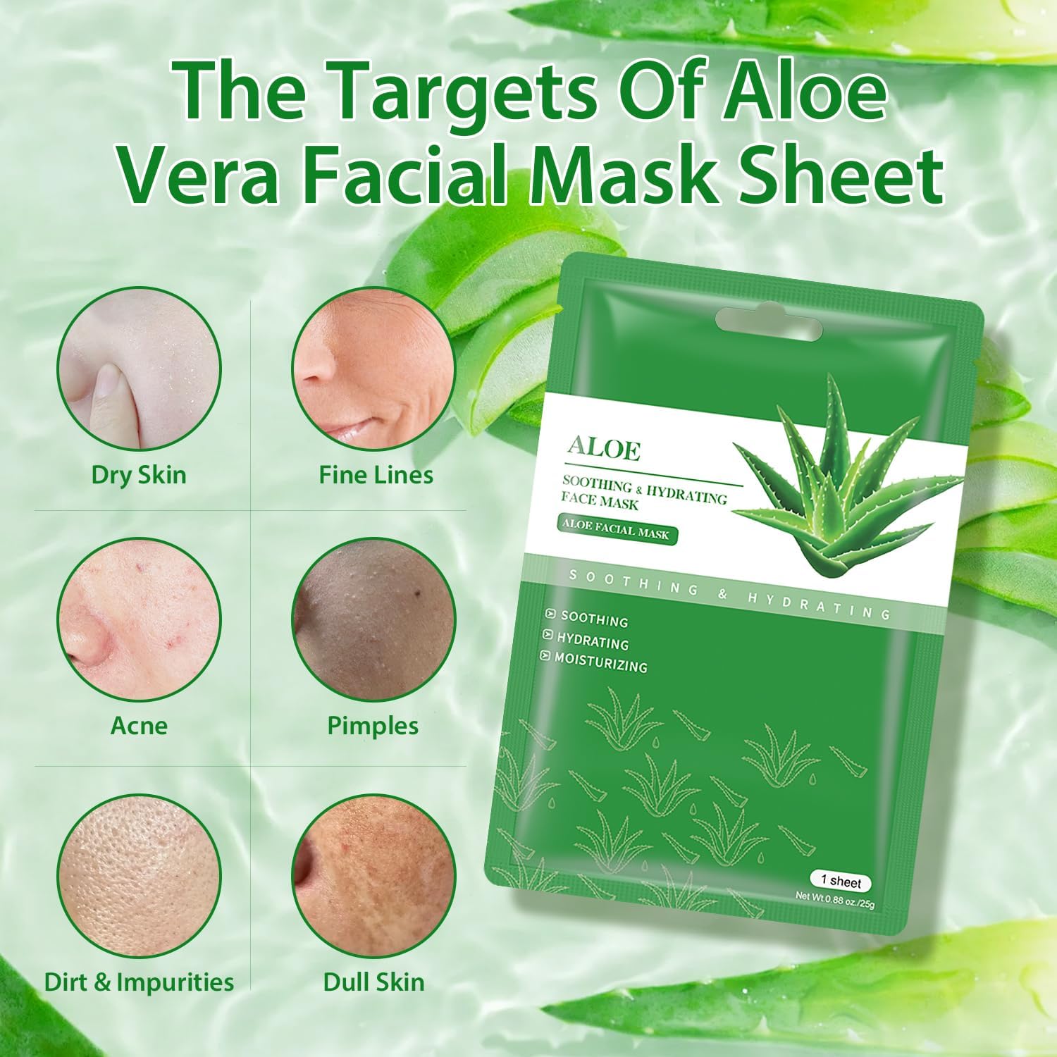 Aloe Vera Face Mask 10 Pack - Hydrating & Soothing for Dry, Oily, Sensitive Skin | Acne & Sun Care Relief