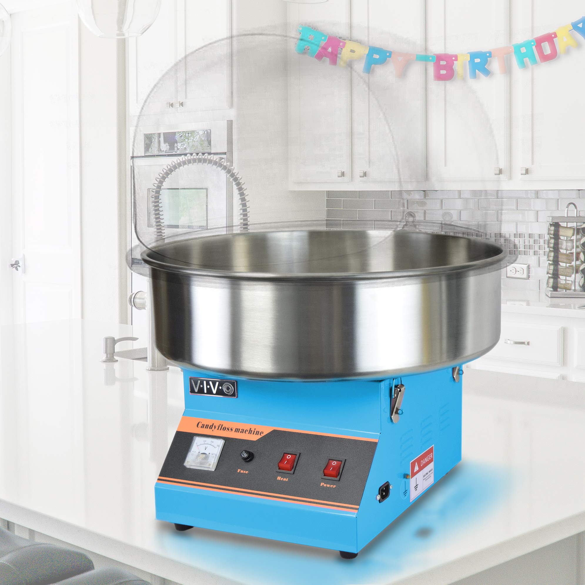 VIVO Blue 1030W Commercial Cotton Candy Machine - 20 Inch Stainless Steel Bowl with Bubble Shield & Sugar Scoop - Easy Home & Party Use for Birthdays, Carnivals, and Events