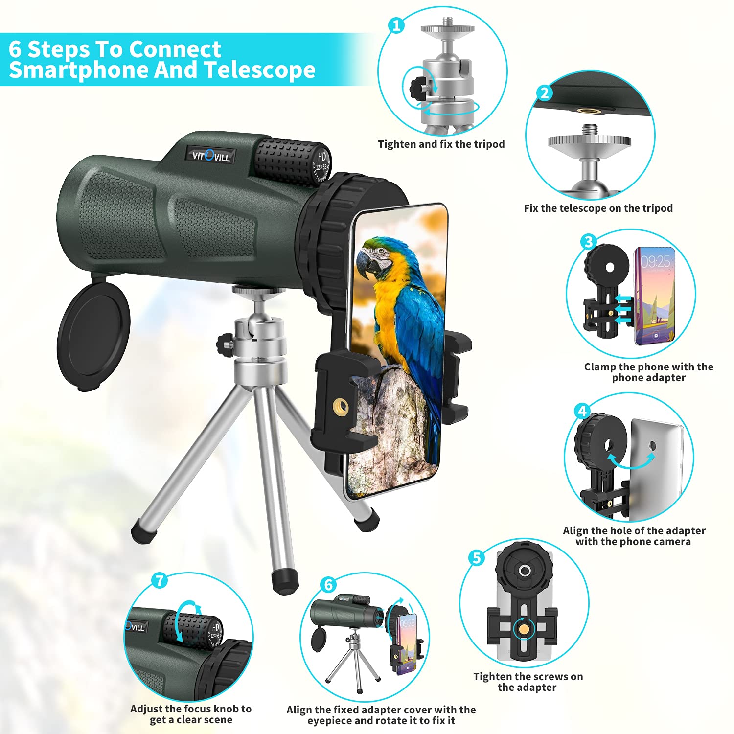 12x55 High Power Monocular Telescope for Adults - HD Zoom with Smartphone Adapter & Tripod, Waterproof & Fogproof, Lightweight for Hiking, Bird Watching, Hunting, Travel and Stargazing - Perfect Gift for Outdoor Enthusiasts