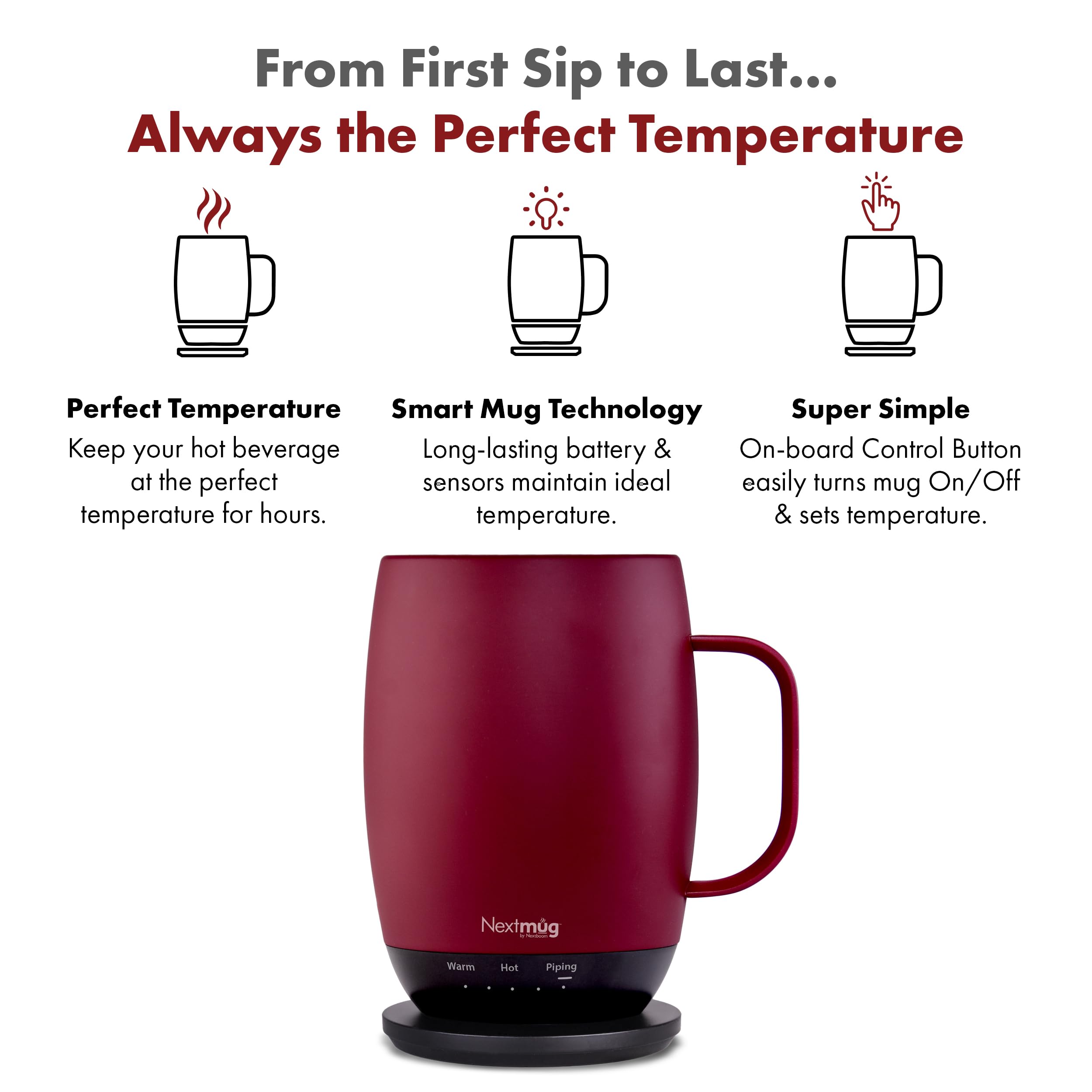 Nextmug Plus - Smart Temperature-Controlled Self-Heating Coffee Mug with App Control (18oz, Burgundy) - Perfect for Office, Travel & Home Use