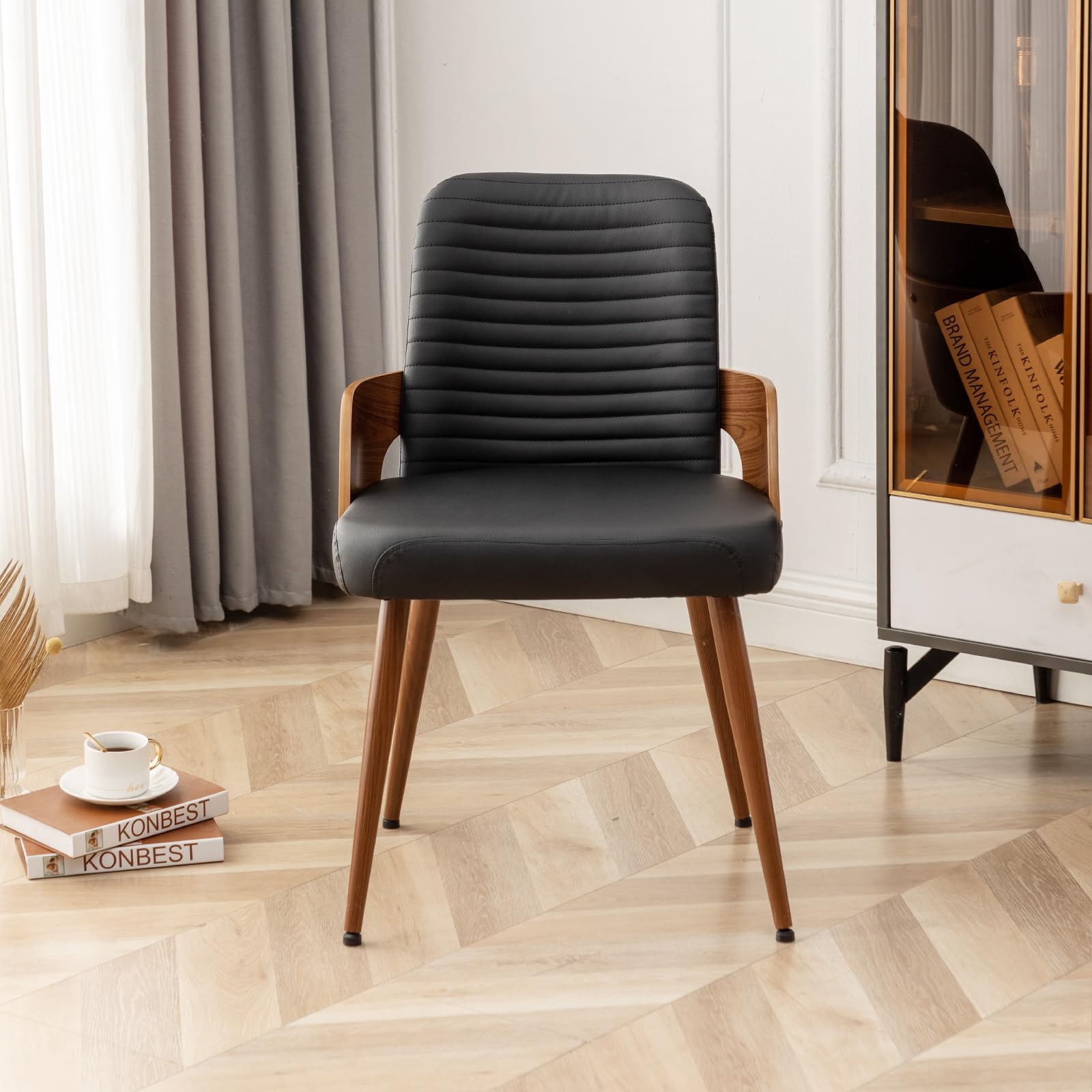 Mid Century Modern Dining Chairs Set of 2 - Upholstered Faux Leather Kitchen Chairs with Metal Legs - Armless Wooden Accent Chairs for Dining Room, Living Room & Office - Black | Perfect for Small Spaces & Contemporary Home Decor
