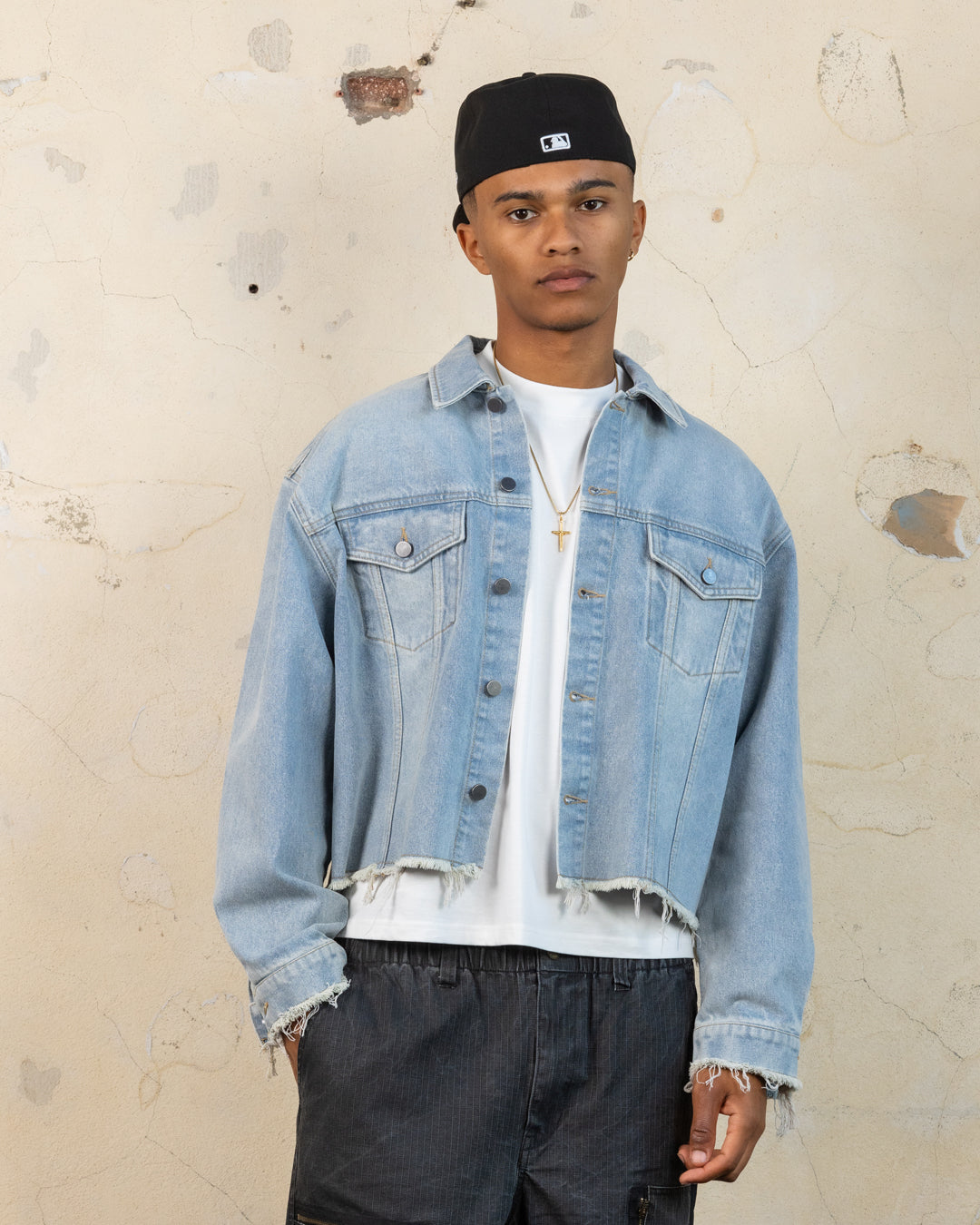 404 Riptide Cropped Denim Jacket - Distressed Blue Wash | Vintage Style Women's Outerwear for Casual Wear & Street Fashion