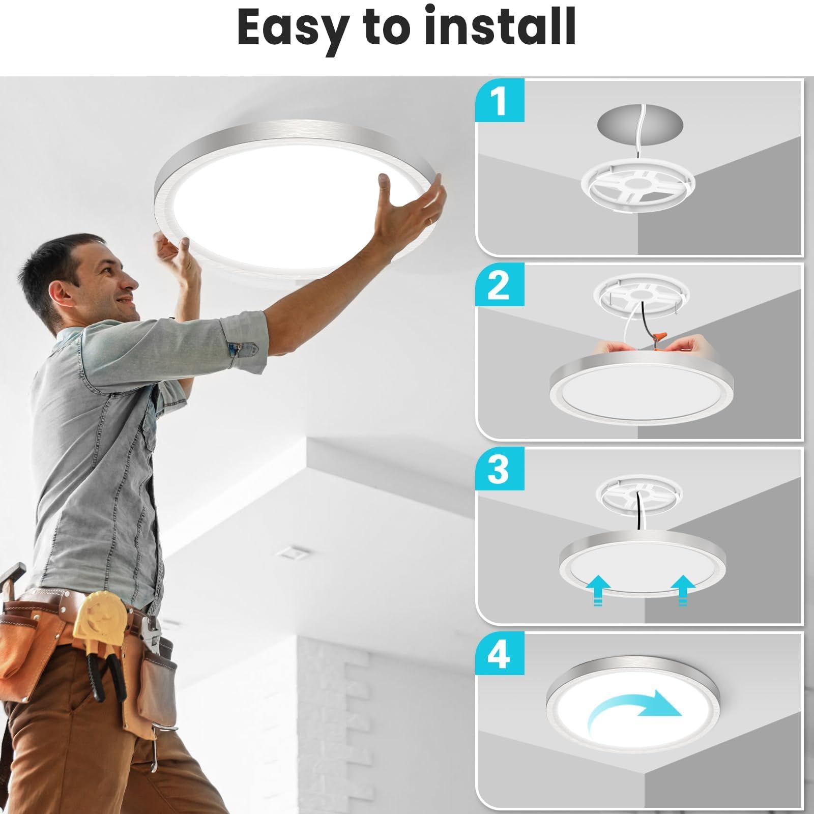 12 Inch Flush Mount LED Ceiling Light Fixture - 3000K/4000K/6500K Adjustable Color Temperature - 28W 3200lm Brushed Nickel Satin Round Ceiling Lamp - 2 Pack - Perfect for Bathroom, Hallway, Kitchen, Bedroom Lighting