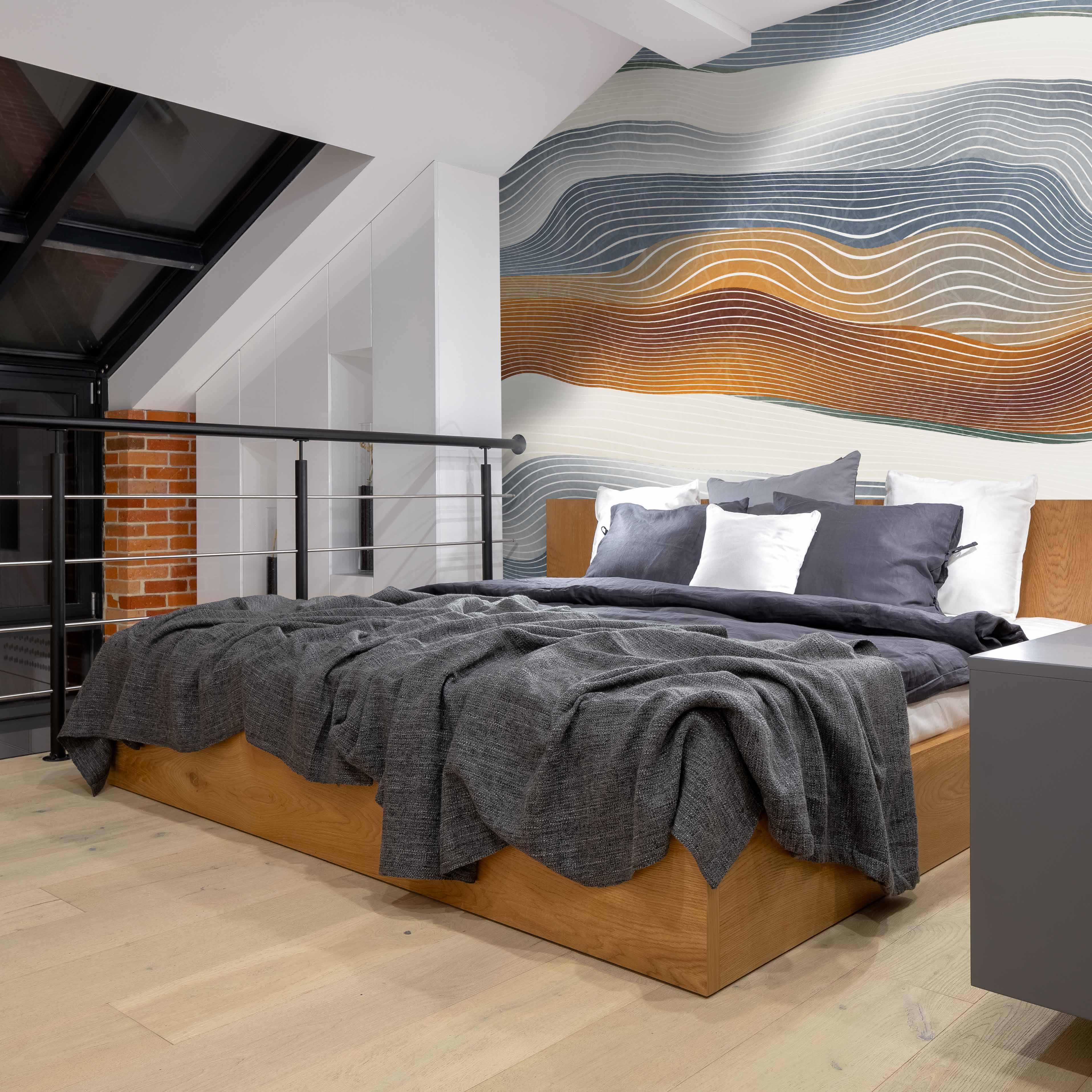 Gray & Orange Horizontal Stripes Mural Wallpaper M1383 - Modern Geometric Peel & Stick Wallpaper for Living Room, Bedroom, or Office Decor