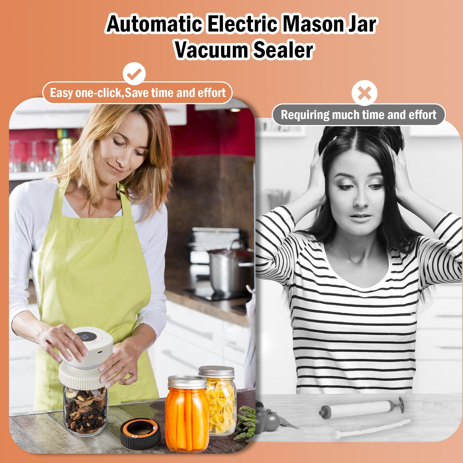 Electric Mason Jar Vacuum Sealer Kit - Wide & Regular Mouth Jar Sealer with 2 Reusable Lids | Automatic Food Preservation System for Freshness | Ideal for Meal Prep, Canning, Sous Vide & Long-Term Food Storage