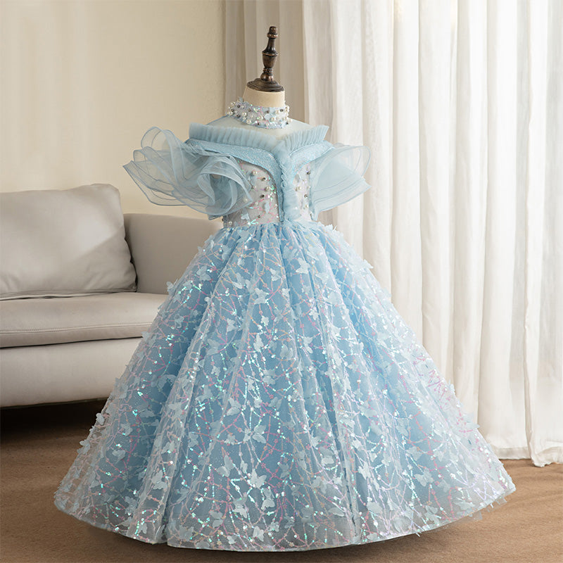 Sky Blue Fluffy Baby Girl Communion Dress - Toddler Pageant Party Dress for Birthday, Christening & Special Occasions