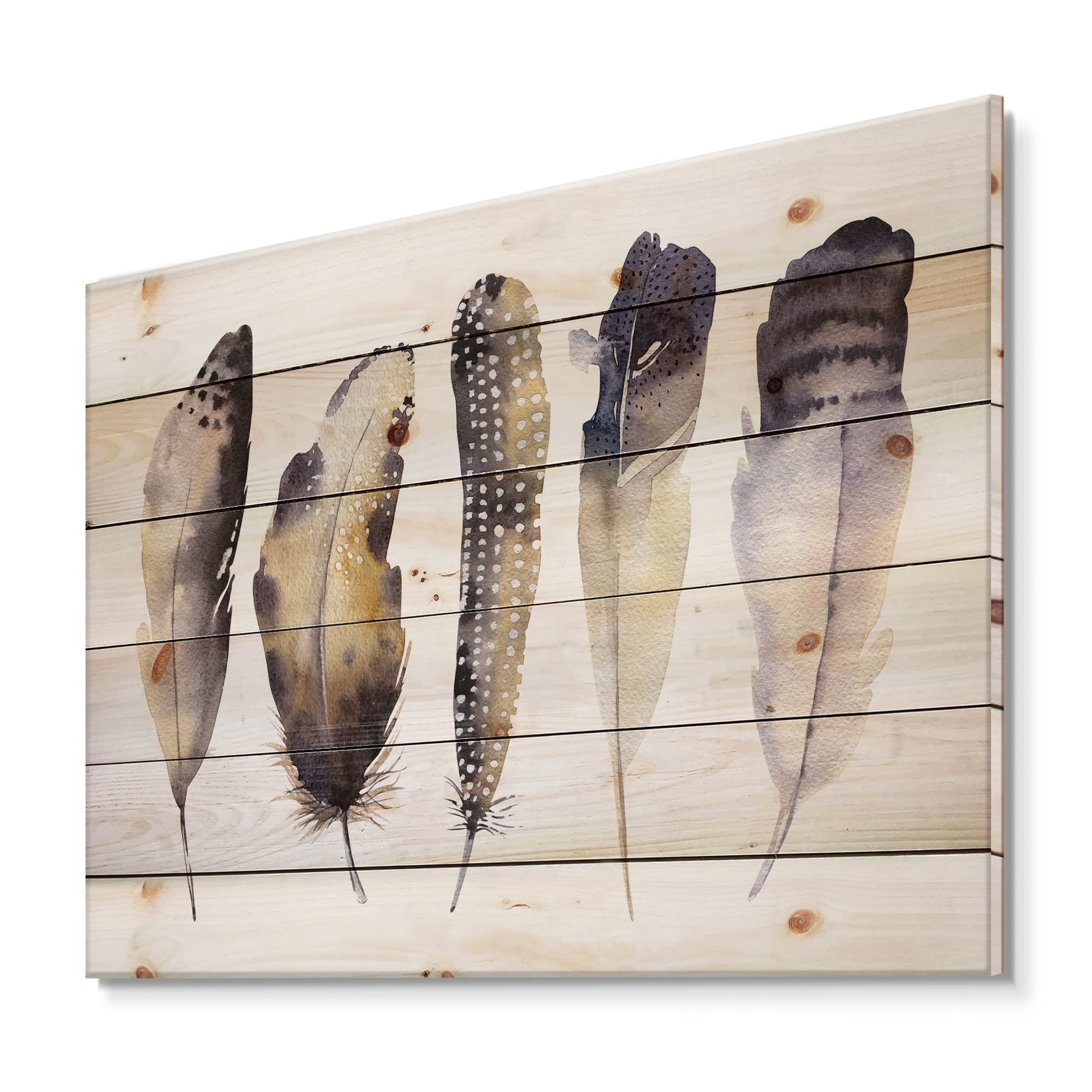 Bohemian Feather Wood Wall Art - Dark Gray Ethnic Boho Decor, Large Animal Print Panels on Natural Pine Wood | Perfect for Living Room, Bedroom & Office Wall Decor