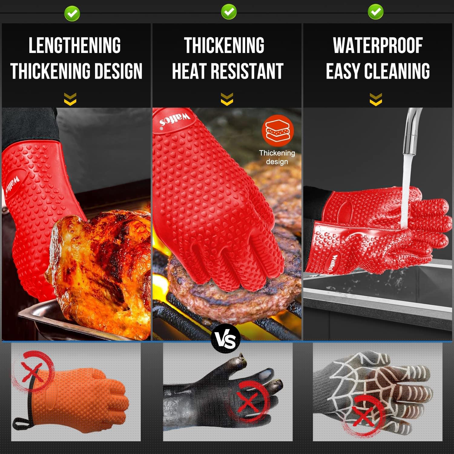 Walfos Heat Resistant BBQ Gloves - Premium Non-Slip Silicone Grilling & Oven Mitts with Cotton Lining, Waterproof Kitchen Gloves for Cooking, Baking, Barbecue & Outdoor Grilling - Perfect for Backyard BBQs, Camping & Home Kitchen Use (Red)