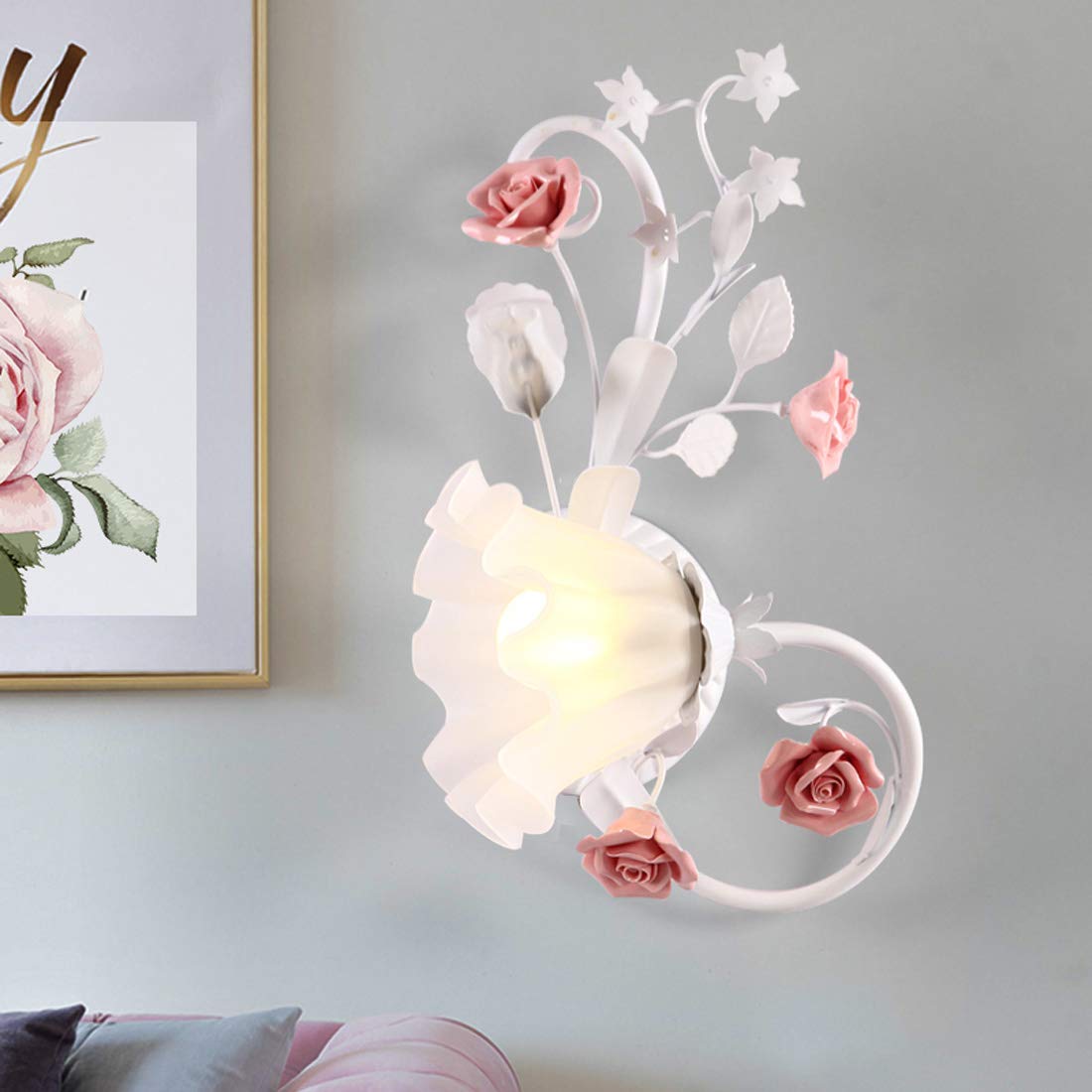 European Style Ceramic Pink Rose Wall Lamp with Glass Shade - Bedside Sconce Lighting for Bedroom, Living Room, Hallway & Balcony | Romantic Home Decor & Ambient Lighting
