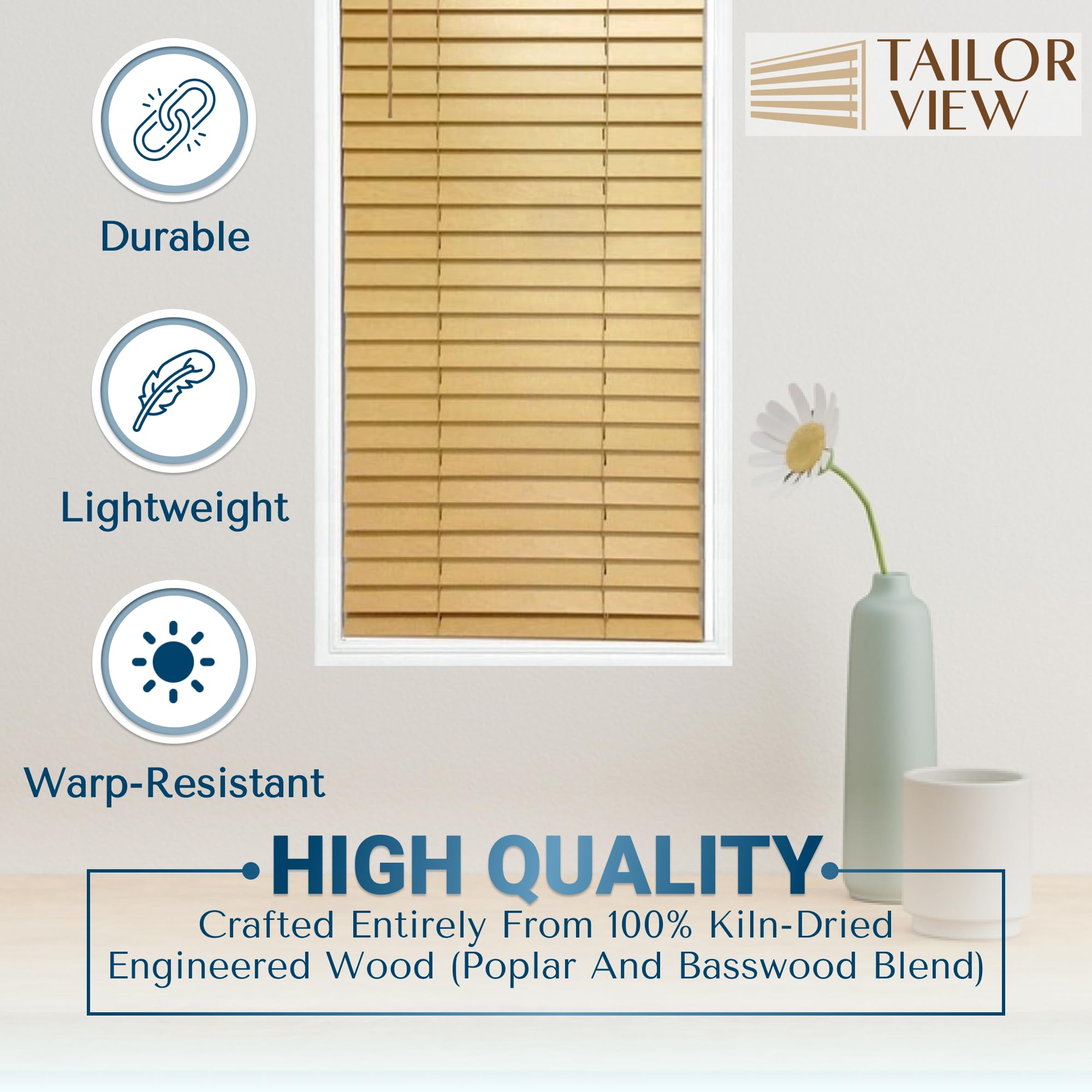 TailorView 2 Inch Cordless Wood Blinds - Customizable Horizontal Window Shades, Natural Pine Finish, Inside or Outside Mount - Perfect for Living Room, Bedroom & Home Office