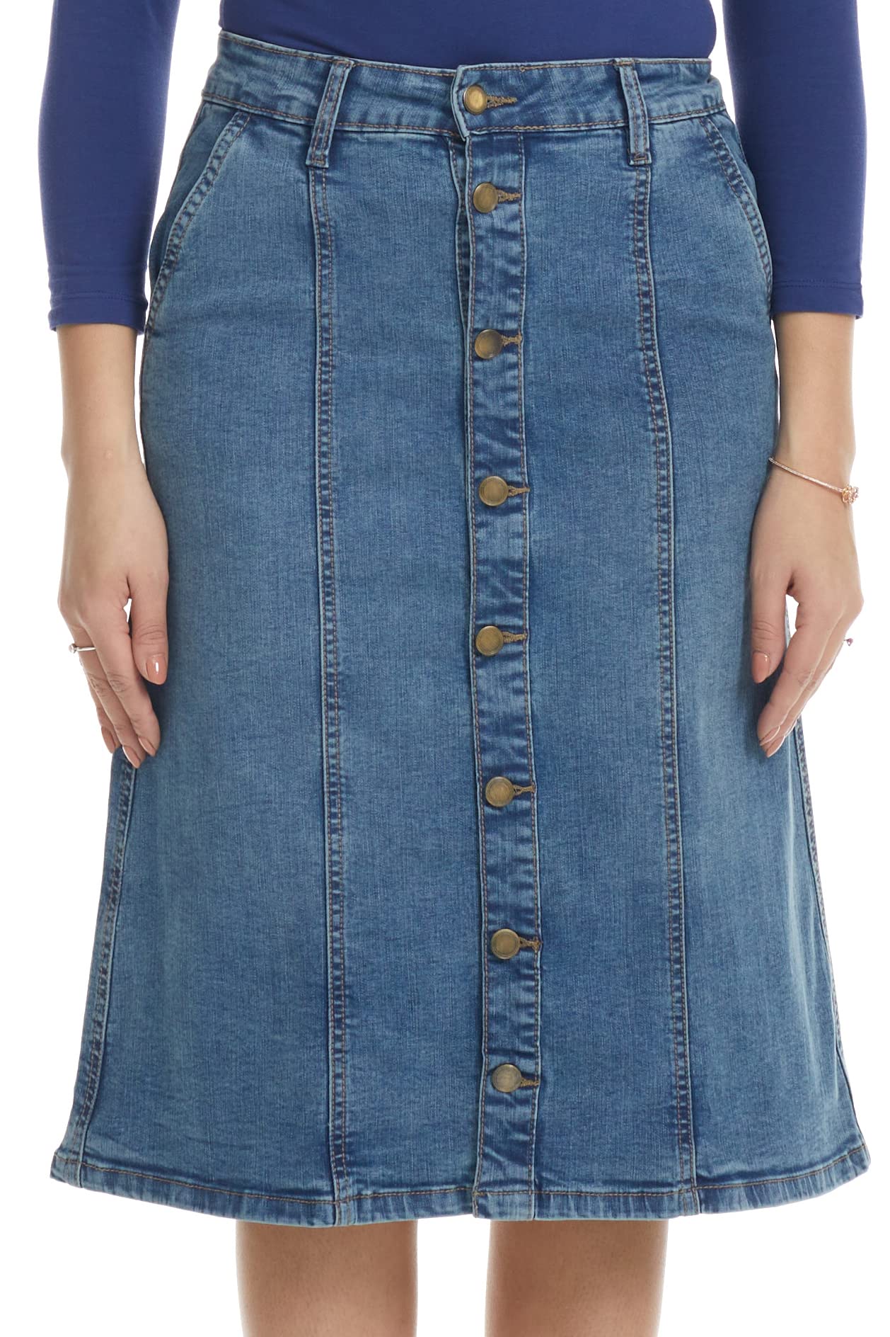 ESTEEZ Women's A-Line Stretch Denim Skirt - Knee Length Modest Button Down Jean Skirt for Casual Wear, Office & Date Night Outfits