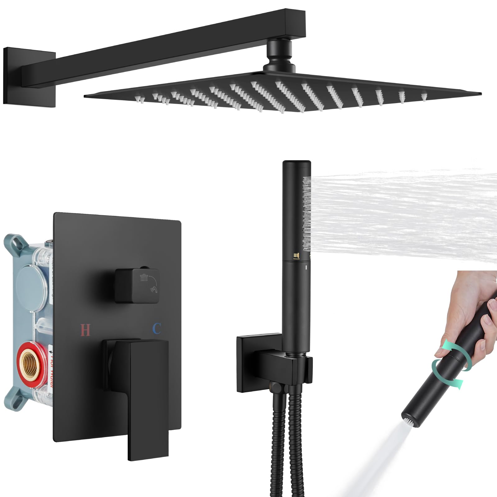 Premium 10 Inch Matte Black Square Rain Shower System - 2-in-1 Wall Mount Rainfall Shower Head with Handheld Sprayer & High Pressure Valve for Luxurious Bathroom Experience (Ideal for Master Bath & Spa Retreats)