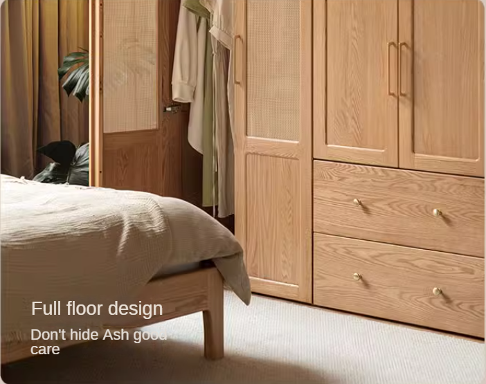 Oak Solid Wood Modular Wardrobe with Rattan Doors - Customizable Closet Storage for Bedroom & Living Room Organization