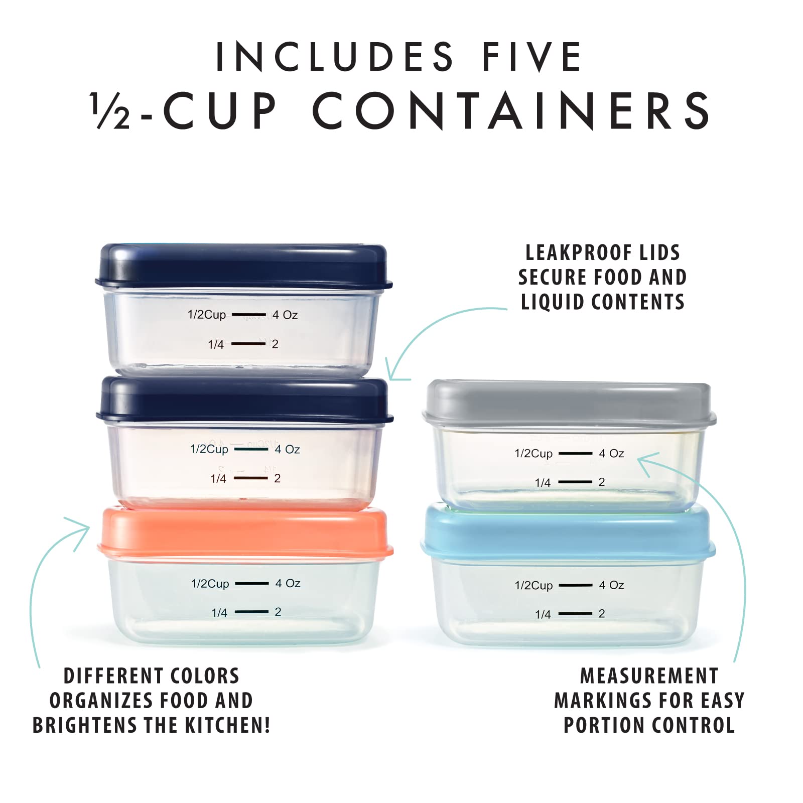 Fit & Fresh 4 oz Small Plastic Containers with Lids - 5 Pack Reusable Leakproof Snack Containers for Adults & Kids - Perfect for Salads, Dressings, Condiments & On-the-Go Meals